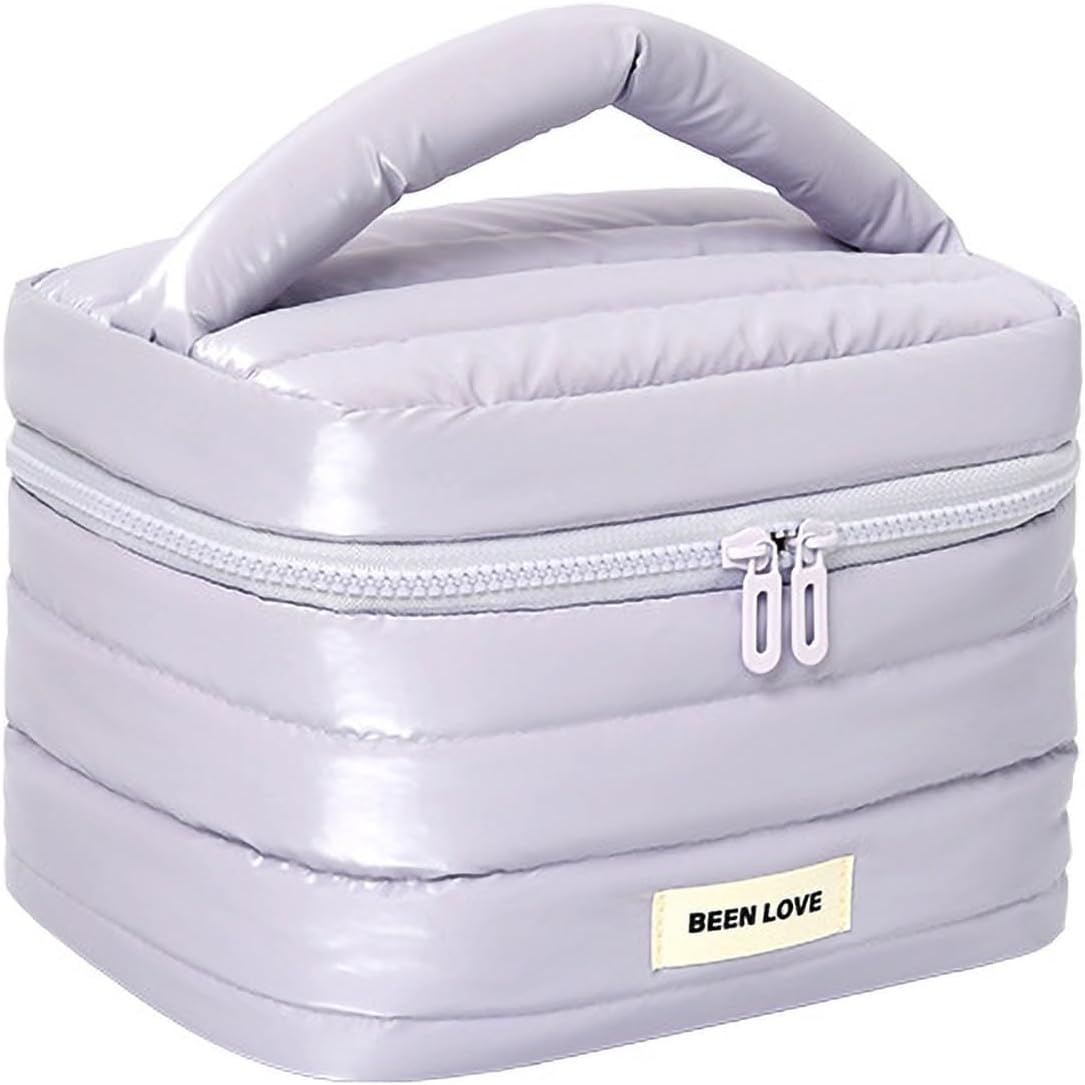 Cute Large Capacity Makeup Quilted Bag for Women&Girls/Down Jacket Waterproof Fabric/Makeup Brush/Cosmetic Bag/Toiletry Bag/Travel Case/Zipper Organizer Bag/Wide Open