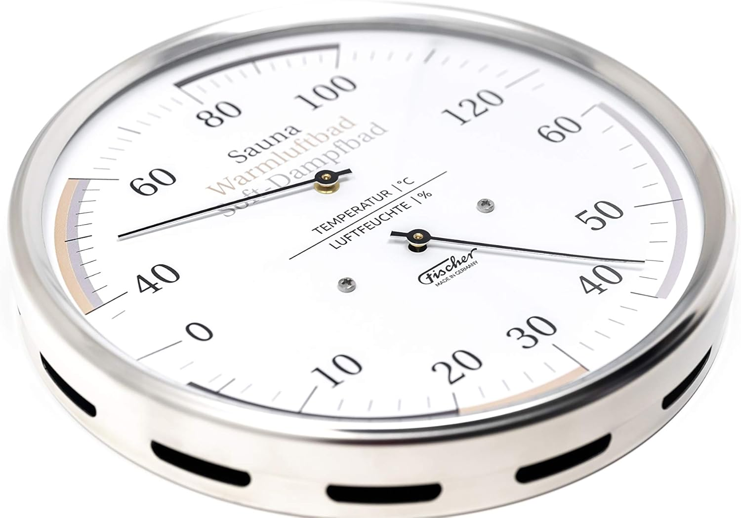 Fischer 184.01 Sauna Universal Thermohygrometer - 130 Mm Hair Hygrometer and Bimetal Thermometer Stainless Steel Made in Germany