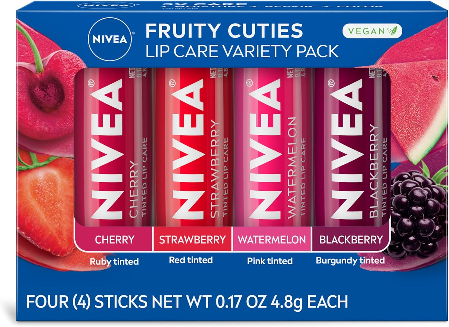NIVEA Lip Care, Fruity Tinted Lip Balm Variety Pack, Cherry, Strawberry, Blackberry and Watermelon Flavors, 3-In-1 Moisture, Repair and Color, 0.17 Oz Stick, Pack of 4 image number 3