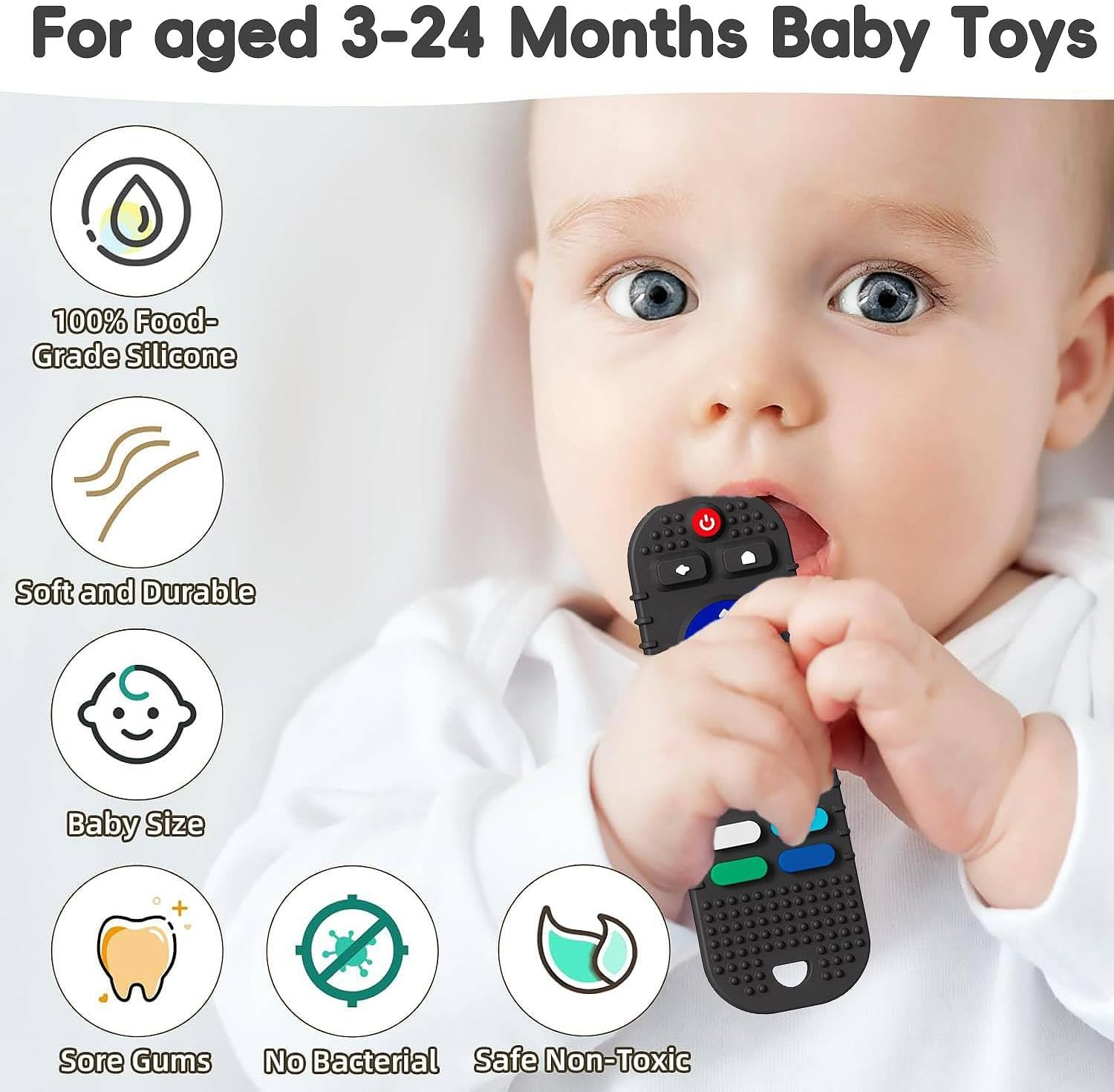 2 Pack Soft Silicone Teething Toys for Toddlers, Babies 0 3 6 9 12 18 Months - Boys Baby Molar Teether Chew Toys Set Gift, TV Remote Control(Black + Grey) image number 6