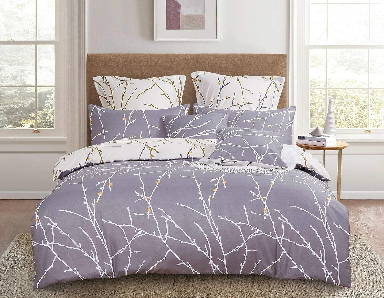 Tree Reversible Double/Queen/King/Super King Size Duvet/Doona/Quilt Cover Set (Queen, Blue&Beige)