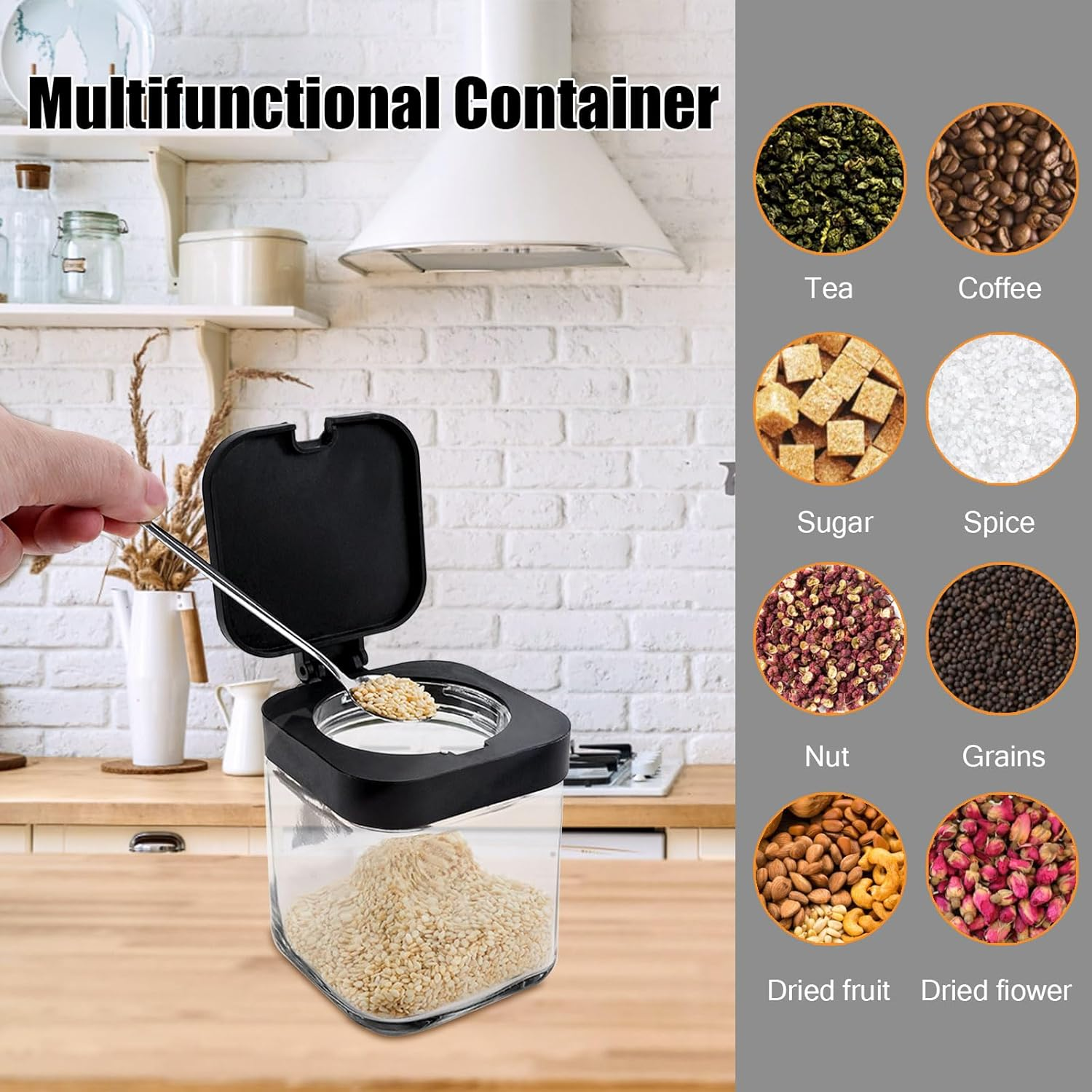 DIYJEP Pack of 3 Spice Shaker with Stainless Steel Spoon, Glass Square Spice Container with Lid and Base, Clear Sugar Bowl, Cereal Dispenser, Spice Jar for Flour, Kitchen, Seasoning, Salt, Sugar, Tea image number 1