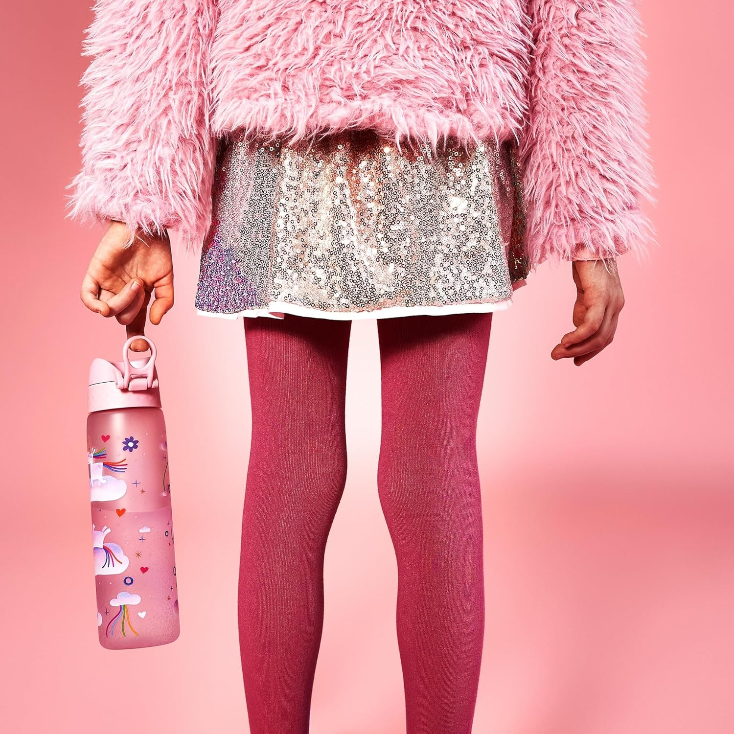 Ion8 Water Bottle, 500 Ml/18 Oz, Leak Proof, Easy to Open, Secure Lock, Dishwasher Safe, BPA Free, Hygienic Flip Cover, Carry Handle, Easy Clean, Odour Free, Carbon Neutral, Unicorn Rainbows Design - Pink image number 4