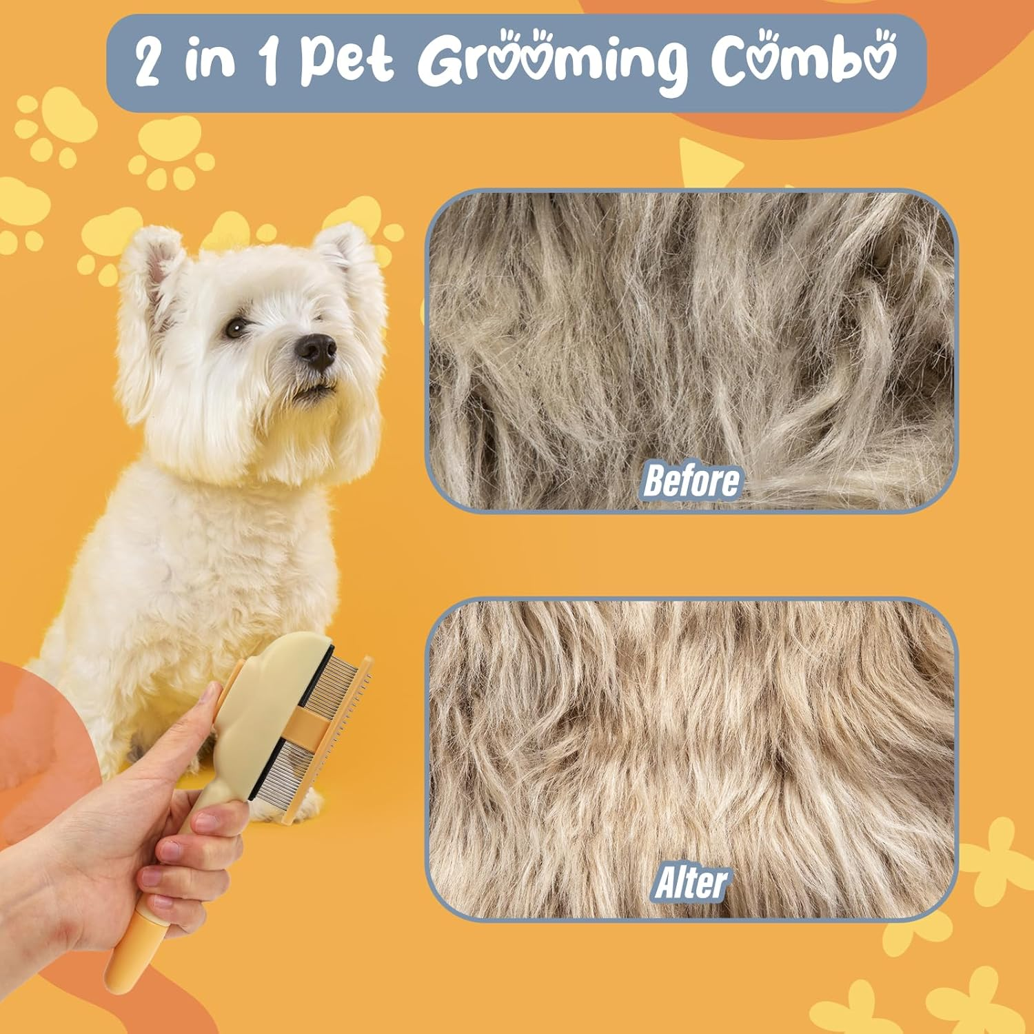 Viiotu Upgrade Pet Hair Remover Comb, One Click Self Clean Dog & Cat Brush Smooth Teeth for Safe Massage, Long Teeth Remove Underfur & Lice, Dual - Length Teeth Untangle for Dog Cat - Yellow image number 6