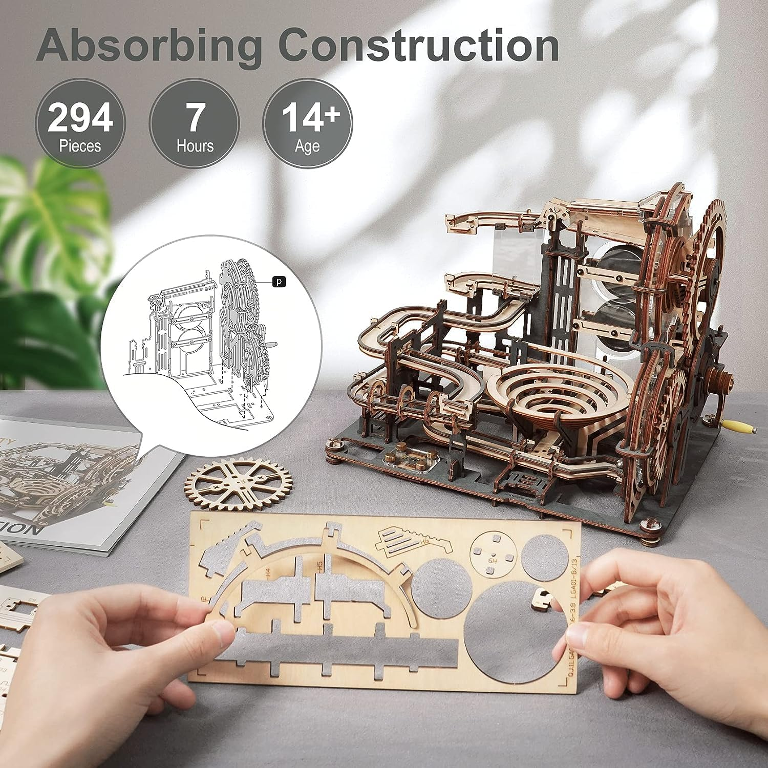 ROKR Marble Run 3D Wooden Puzzles Large Mechanical Model Kits for Adults Construction Set Gifts for Teens/Family (Marble Night City) image number 2