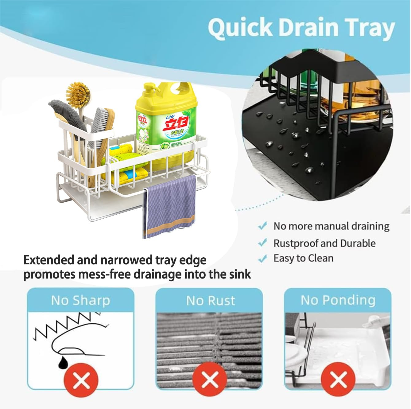 Sink Caddy Organizer with Self Draining Tray, Sponge Holder, Brush Holder, Dish Soap Dispenser Storage, Kitchen Counter Organizer (White) image number 5