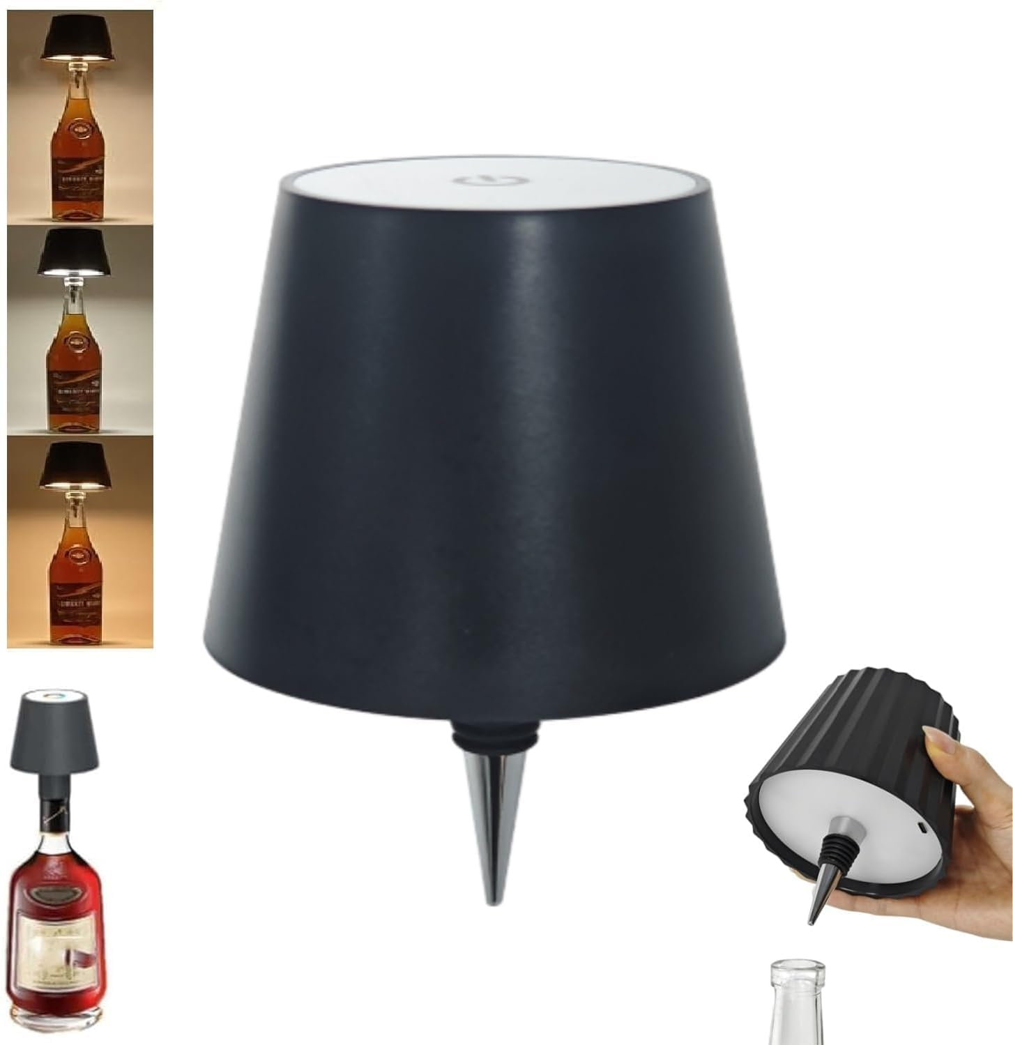 Wireless Wine Bottle Light Head, Portable LED Wireless Bottle Lamp with 3 Modes Light Dimming Pridola, Rechargeable Touch Control RGB Mode Wine Bottle for Any Bottle (Black(3Color))