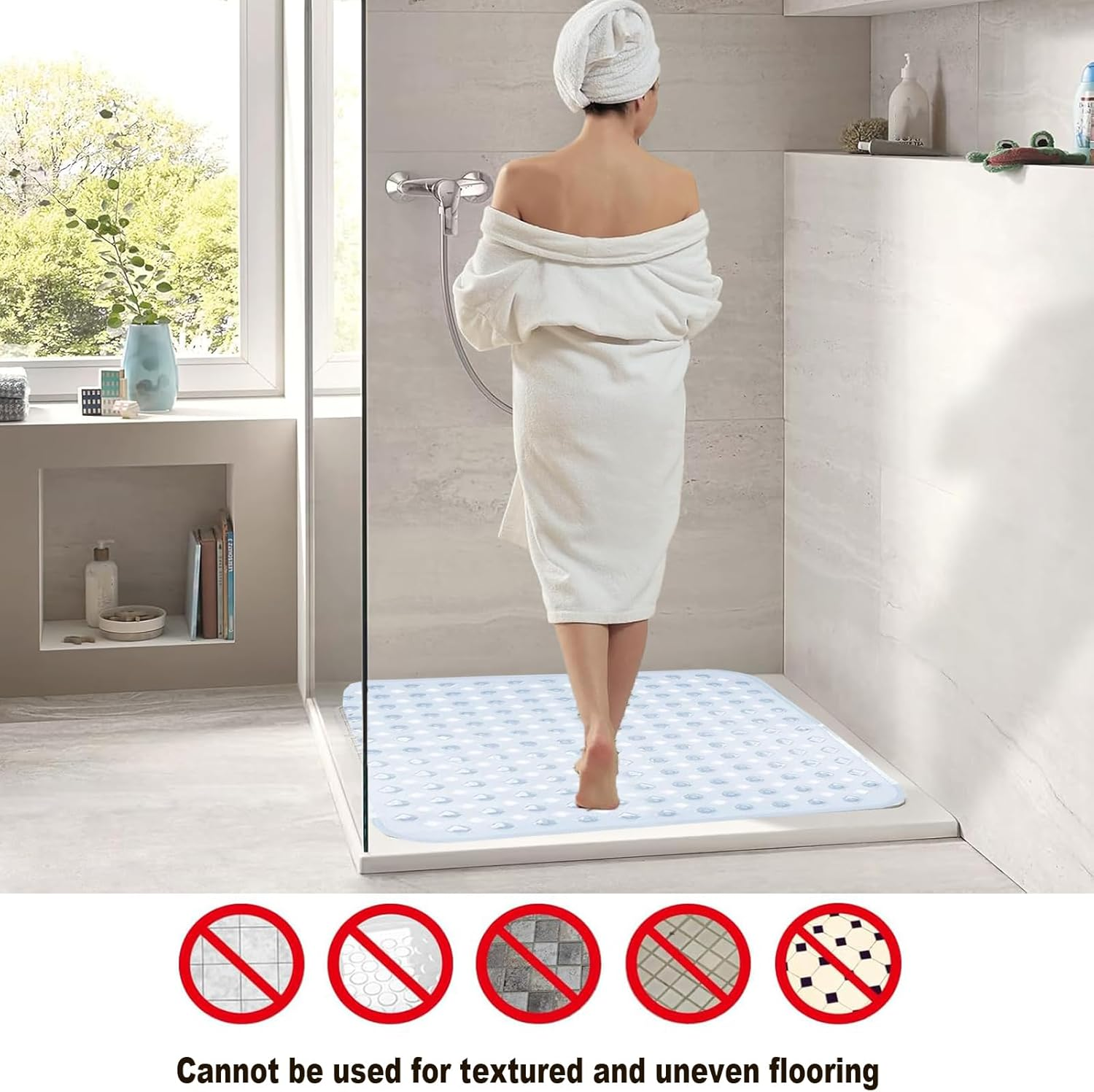 Non Slip Shower Mat,Square Shower Mat Non Slip anti Mold 21 X 21Inch Bathtub Mat with Suctions Cups and Drain Hole,Non-Slip Stall Mat for Elderly Bathroom,Machine Washable,Clear White image number 2
