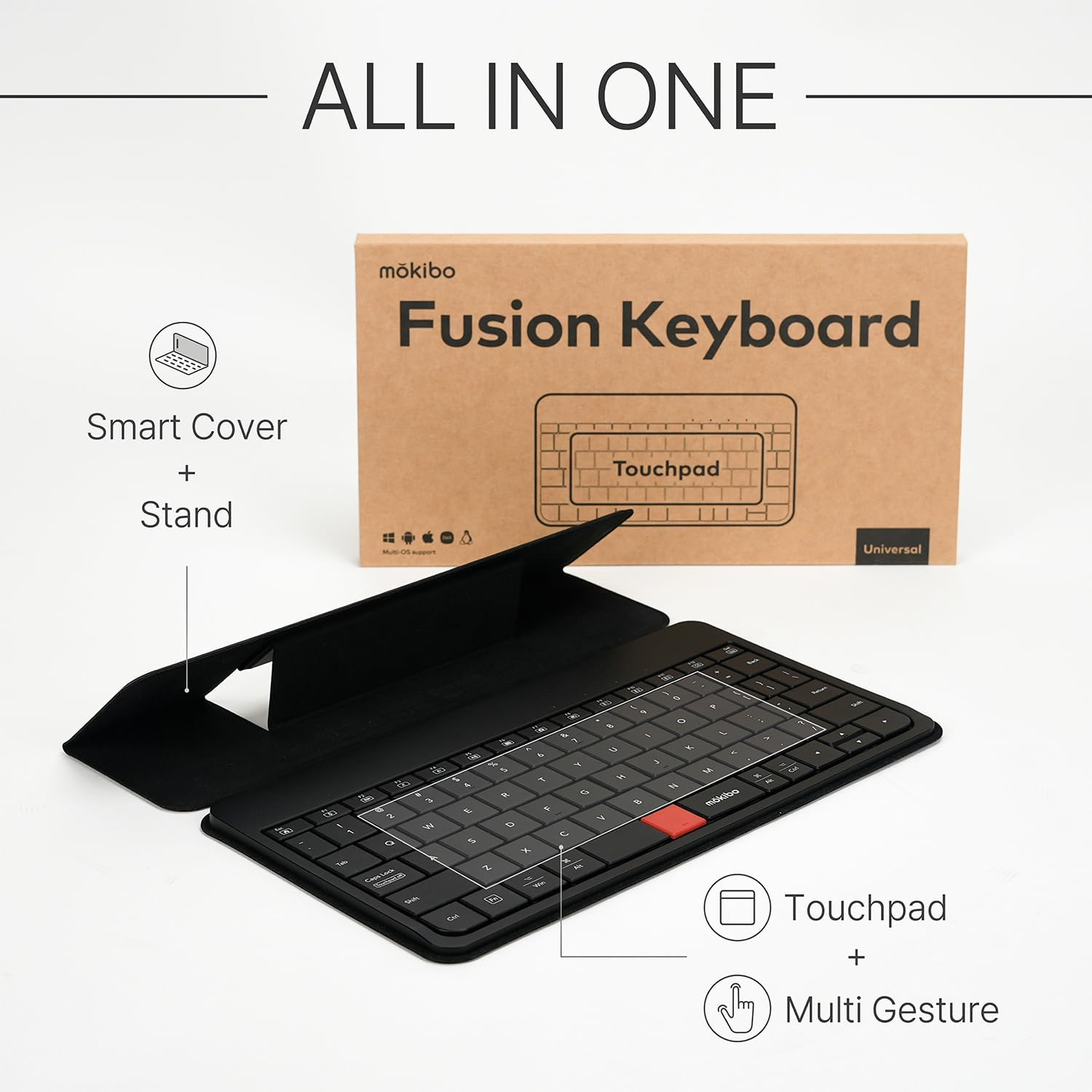 Mokibo Fusion Keyboard, Universal, Portable All-In-One with Built-In Touchpad, Bluetooth, Compatible with Tablets, Laptops, and Multiple OS image number 1