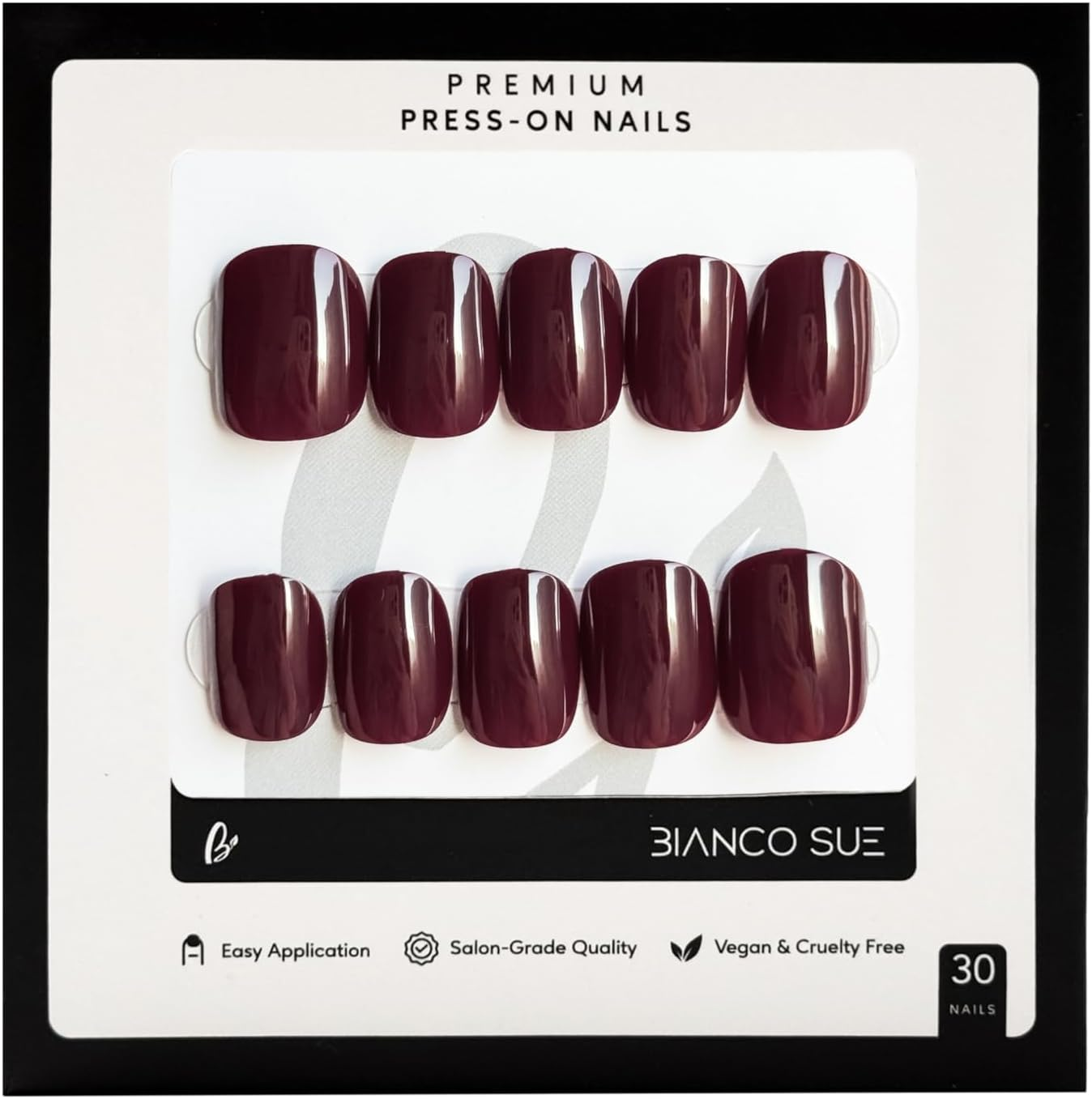 Bianco Sue Press-On Nails | Deep Red Extra Short Squoval False Nails, Reusable Stick-On Fake Nails with Adhesive Tabs and Glue | Salon-Grade Quality | Transparent Storage Box | 15 Sizes - 30 Nail Kit
