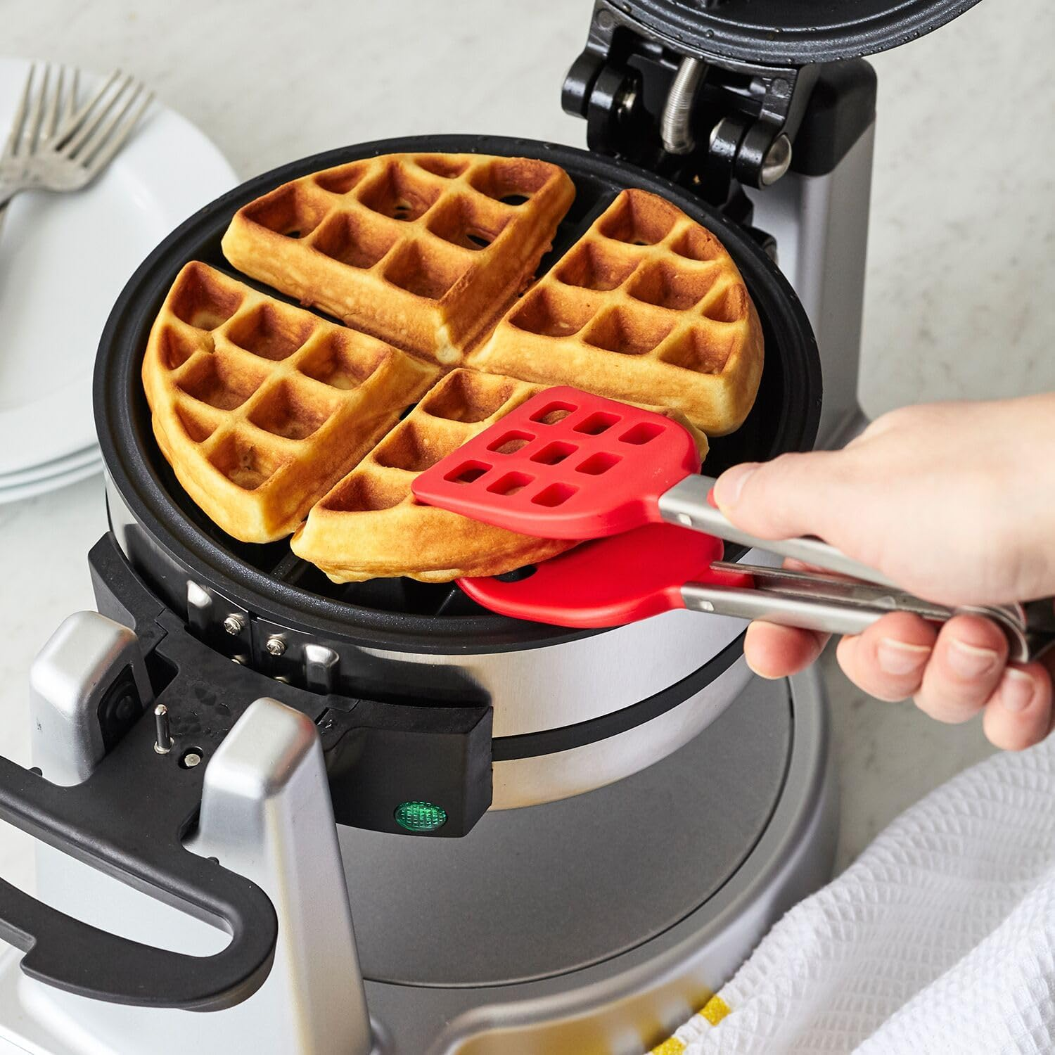 Tovolo Easy-Grip Mini Waffle Non-Slip Stainless Steel Handle, Heat-Resistant Silicone Heads, Kitchen Tongs for Cooking Waffles & Breakfast, Candy Apple Red - Charcoal image number 3