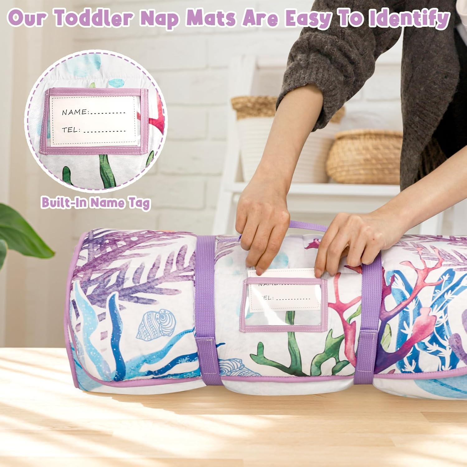 Toddler Nap Mat with Removable Pillow & Soft Minky Blanket, HNHUAMING Extra Large Rolled Napping Mats for Girls Boys, Kids Slumber Bags for Daycare, Preschool Travel Camping