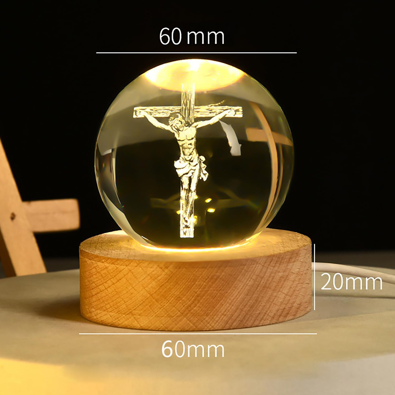 3D Crystal Ball Cross Night Light Desk Table Lamps, with Glowing Base, Laser Engraved Praying in Hand Crucifix Easter Decoration Christian Catholic Religious Gifts (Jesus Cross) - Biblical Cross image number 3