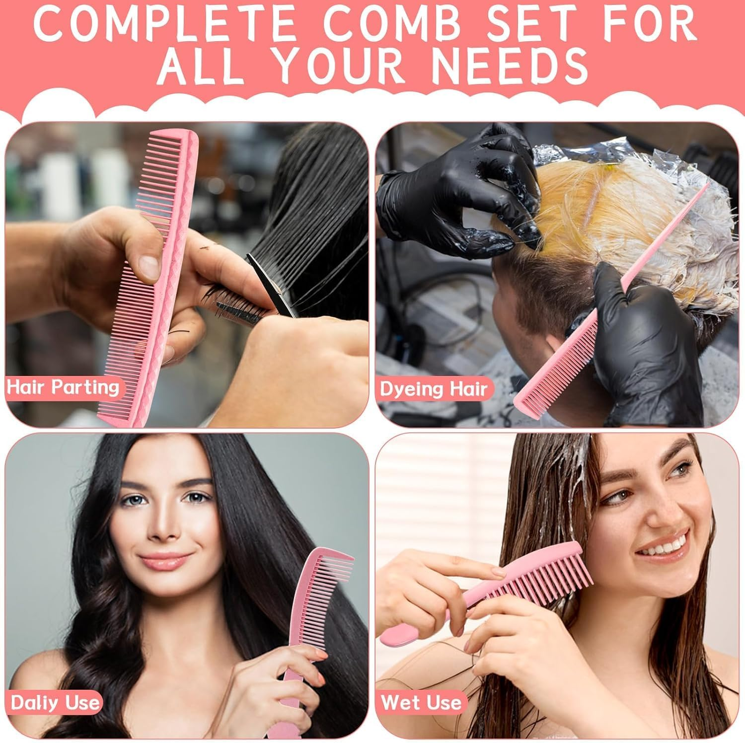 Hair Comb Sets 5Pcs Hairdressing Comb, Professional Barber Salon Hair Styling Combs, Detangling Combs, Rat Tail Comb, Heat Resistant Anti-Static Suitable for Long Wet Thick Curly, Pink