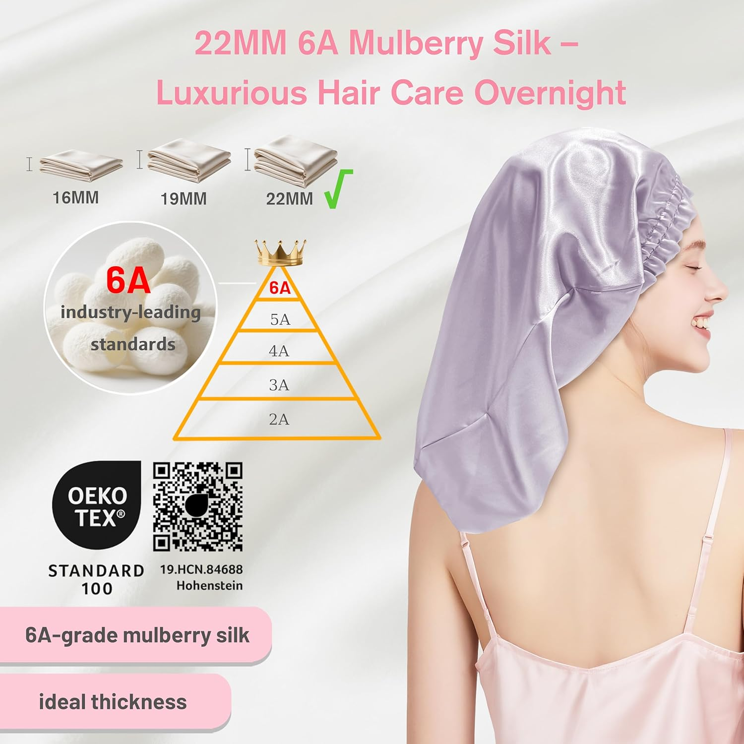 Townssilk Silk Bonnet for Sleeping, 100% 22 Momme Mulberry Silk for Women, Luxurious, Breathable, Fits Secure Overnight & Pressure Free, Ideal for Long & Curly Hair - Lavender 58 Cm image number 1