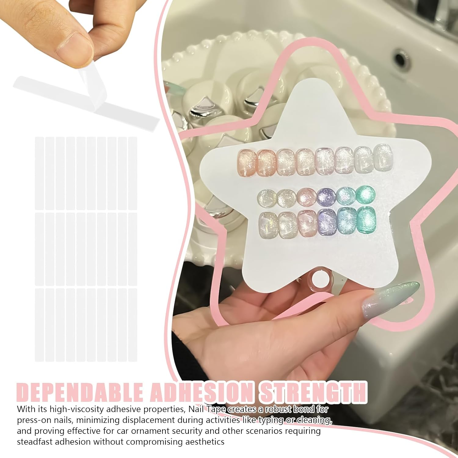 Press on Nail Tape,Adhesive Clear Mounting Tape for Nail Packaging | Strong Sticky Reusable Salon Supplies Manicure Designs Adhesive for Indoor Home Wall Room image number 1