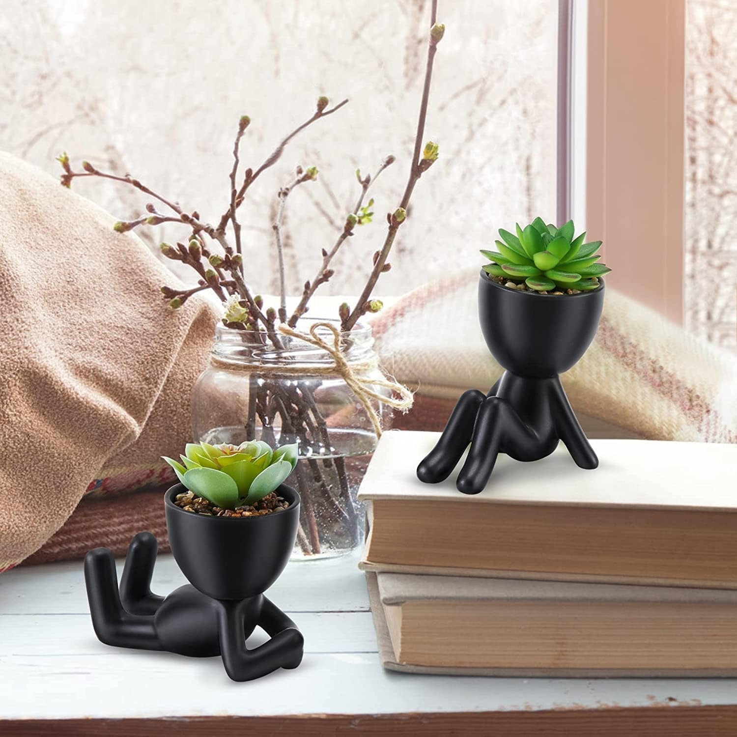 Fake Succulent, Mini Succulents Plants Artificial in Black Modern Human Shaped Ceramic Pots Cute Desk Decor Desk Plant for Office Decor, Cute Fake Plants Bathroom Decor 2PCS image number 4