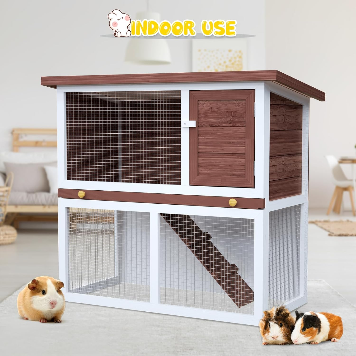 Advwin Rabbit Hutch Bunny Cage, 2 Storey Wooden Chicken Coop Guinea Pig Outdoor Hutch Weatherproof, with Removable Trays for Small Animals, 90L X 45W X 80Hcm - Brown image number 4