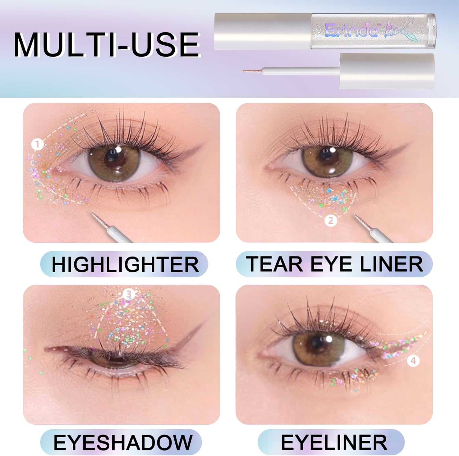 Erinde Liquid Glitter Eyeshadow Eyeliner, Korean Makeup, Tear Drop, Shimmer Metallic, Lightweight Waterproof Texture, Long Wearing, Loose Glitter Glue for Crystals Eye Glitter Makeup, Pearl White - 03 Sunset Champagne image number 4