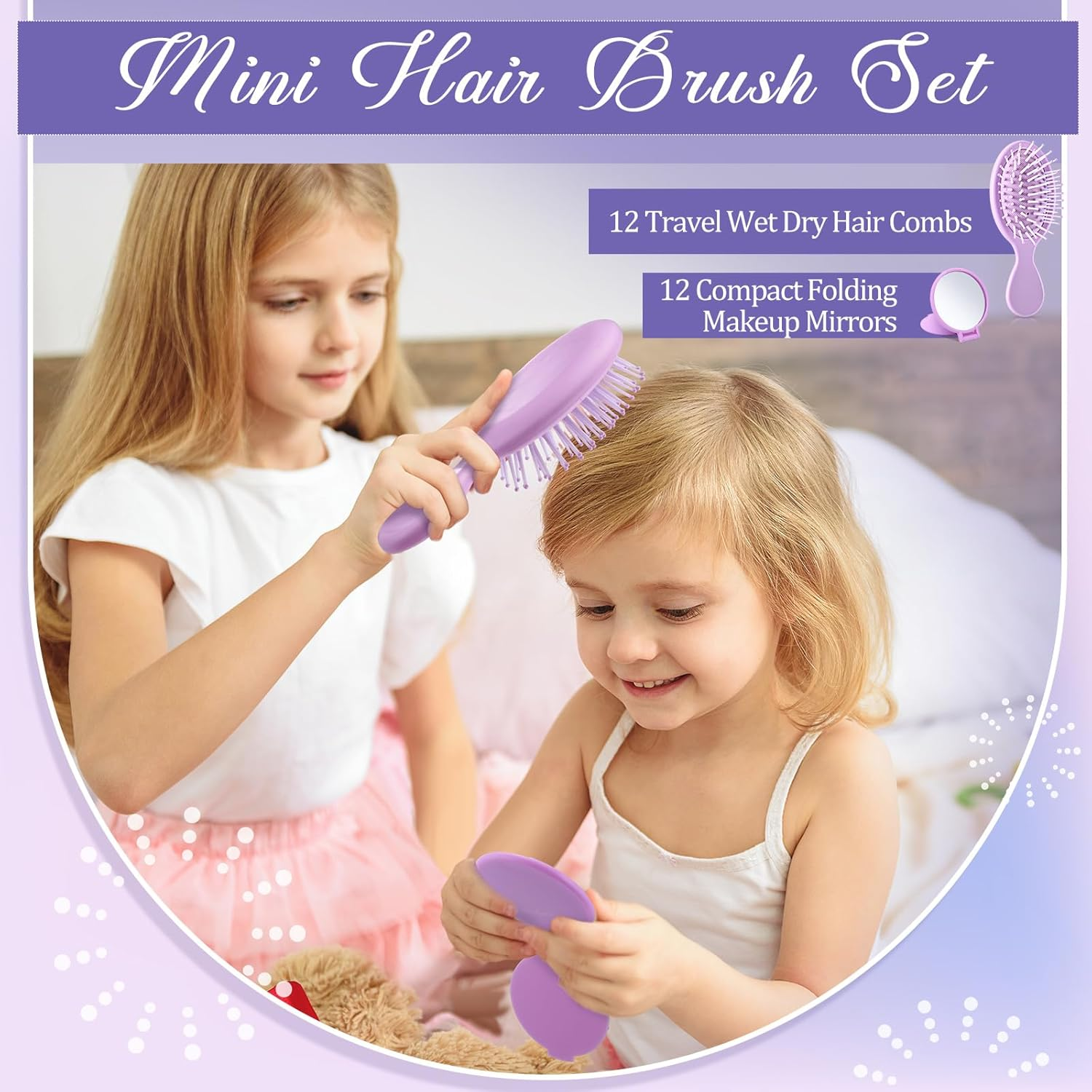 Meanplan 24 Pcs Mini Hair Brush Set 12 Travel Wet Dry Hair Combs Pocket Detangling 12 Compact Folding Makeup Mirrors for Spa Sleepover Birthday Bridal Shower Bachelorette Christmas Party Gift(Purple) image number 2