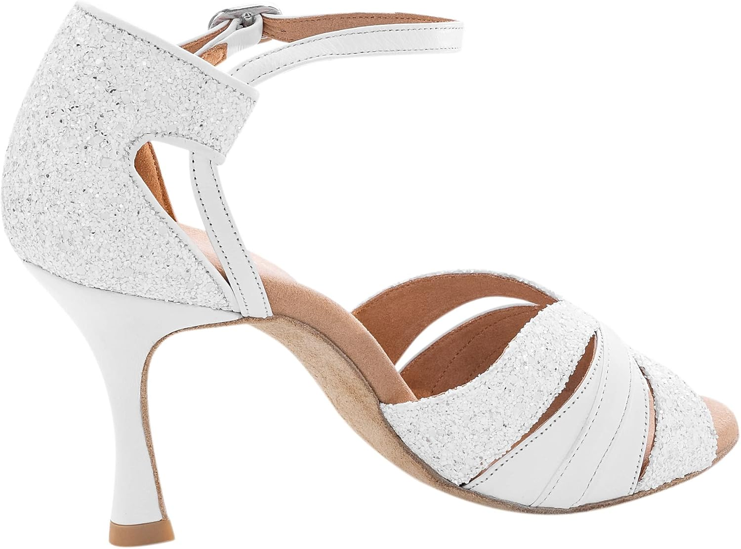 Rummos Women'S Latin Dance Shoes Elite Aura 004/GS4 - Leather/Glitter White - Medium (Normal Width) - Heel: 7 Cm Flare Heel - Made in Portugal