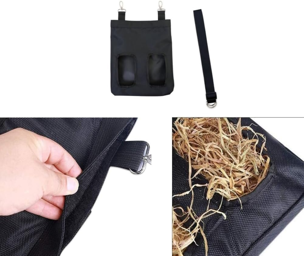 Rabbit Guinea Pig Hay Feeder Bag,Hay Holder with 2 Holes & Adjustable Shoulder Strap Small Pet Hay Bag,Large Capacity Cloth Fabric Hanging Hay Feeder Bag for Small Animal(Black) image number 2