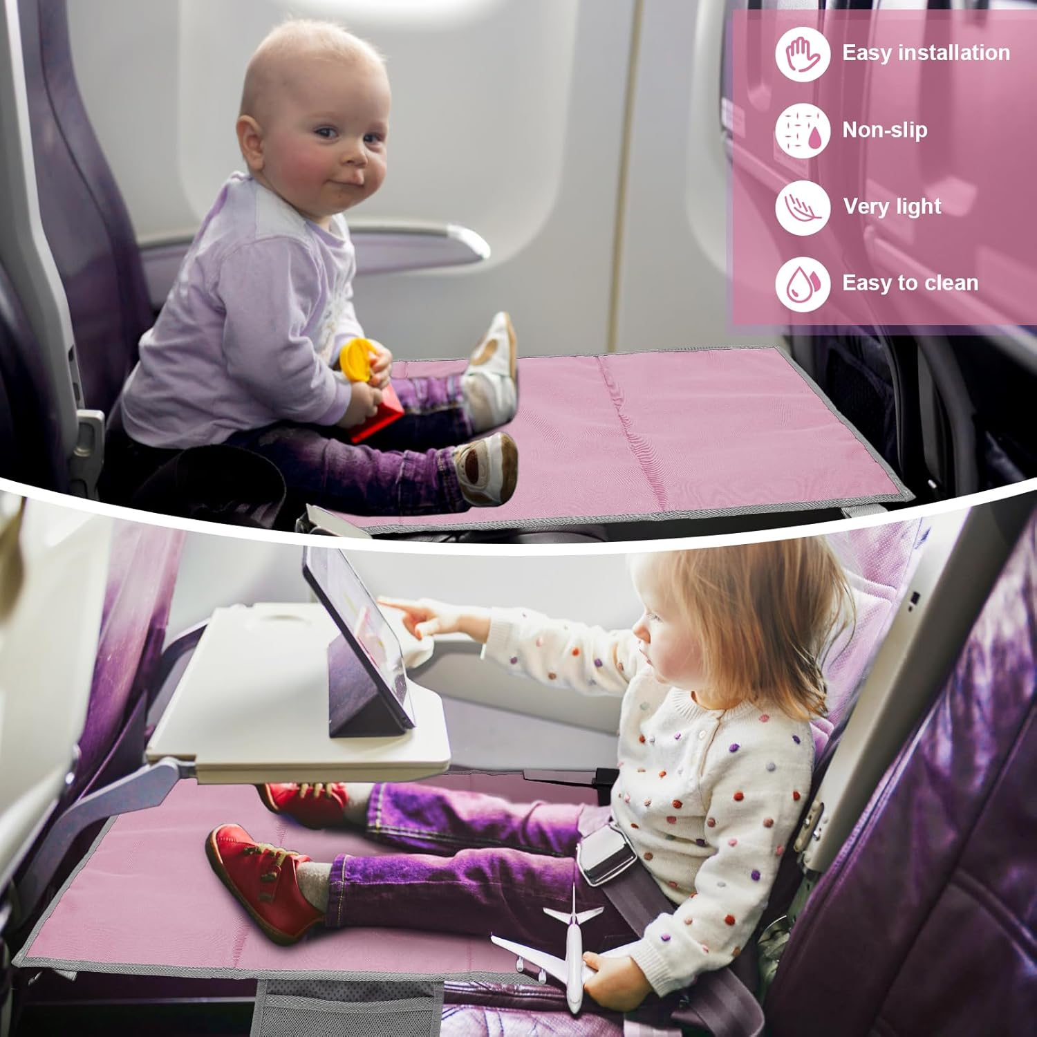 Airplane Seat Extender for Kids, Plane Travel Foot Rest Kids, Airplane Footrest Airplane Travel Essentials for over 2 Years Old Children (Pink)