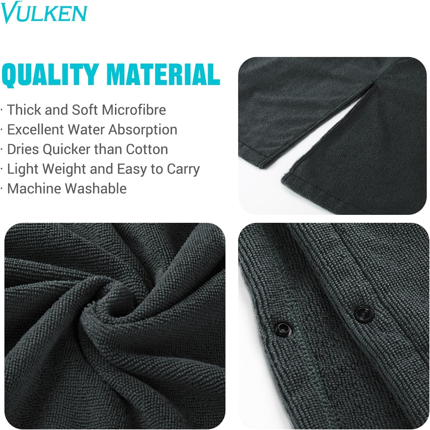 Vulken Thick Hooded Beach Towel Changing Robe, 3/4 Sleeve Surf Poncho for Men and Women, Easy Change, Microfiber Towelling for Beach Swimming, 39" X 33", Black image number 7