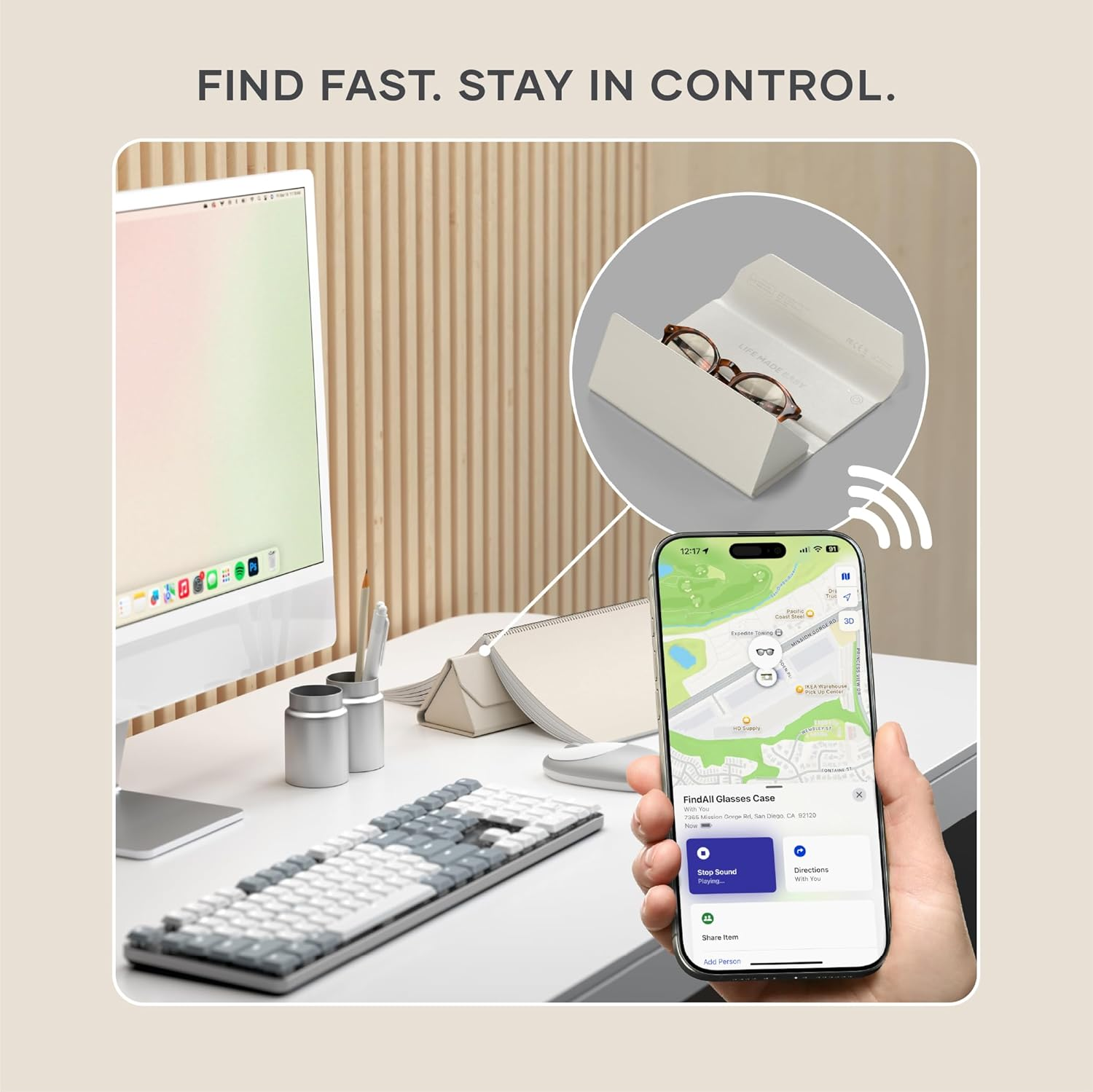 Satechi Findall Smart Glasses Case with Find My, Foldable & Portable, Wireless Rechargeable, Left-Behind Alerts, Loud Audible Chime, Compatible with Most Glasses & XR/AR Glasses &ndash; Sand - Sand image number 6