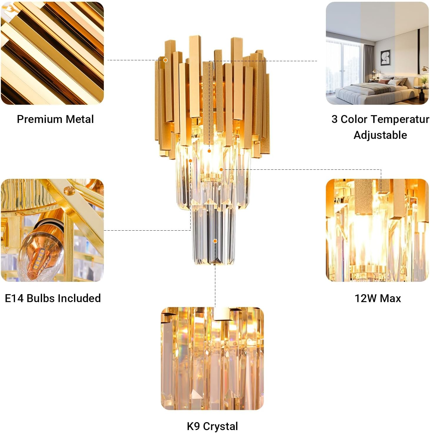 USOR Gold Crystal Wall Light Modern Crystal Wall Mount Lighting Fixture Pendant Wall Sconce for Bedroom Living Room Hallway image number 5