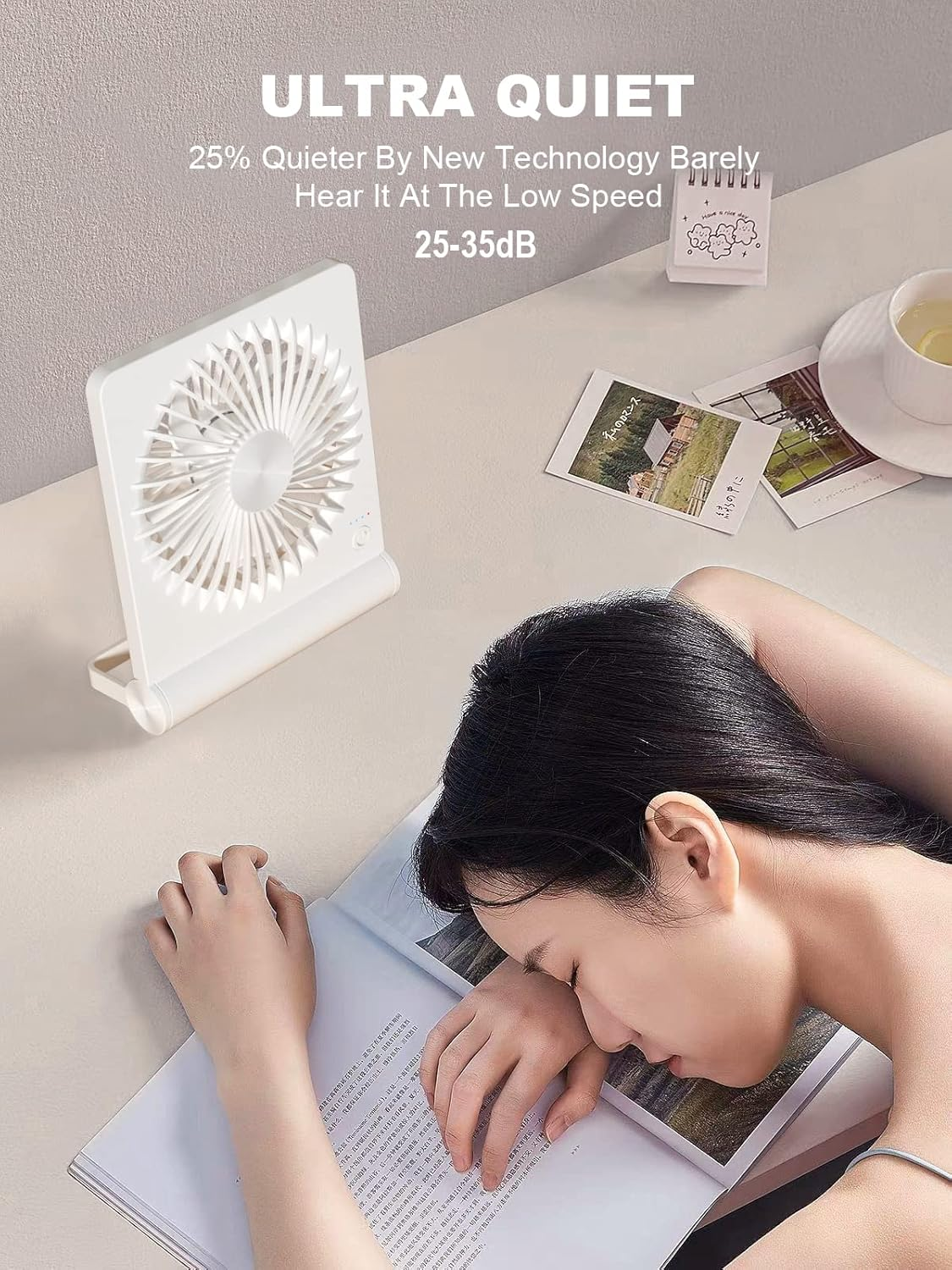 Small Desk Fan, 2000Mah Rechargeable USB Fan Battery Operated,Ultra Quiet, Strong Wind, 3 Speeds & about 4-12 Hours Longer Working, 180&deg;Foldable Mini Desktop Fan for Home Office Travel Outdoor-White - Black image number 5