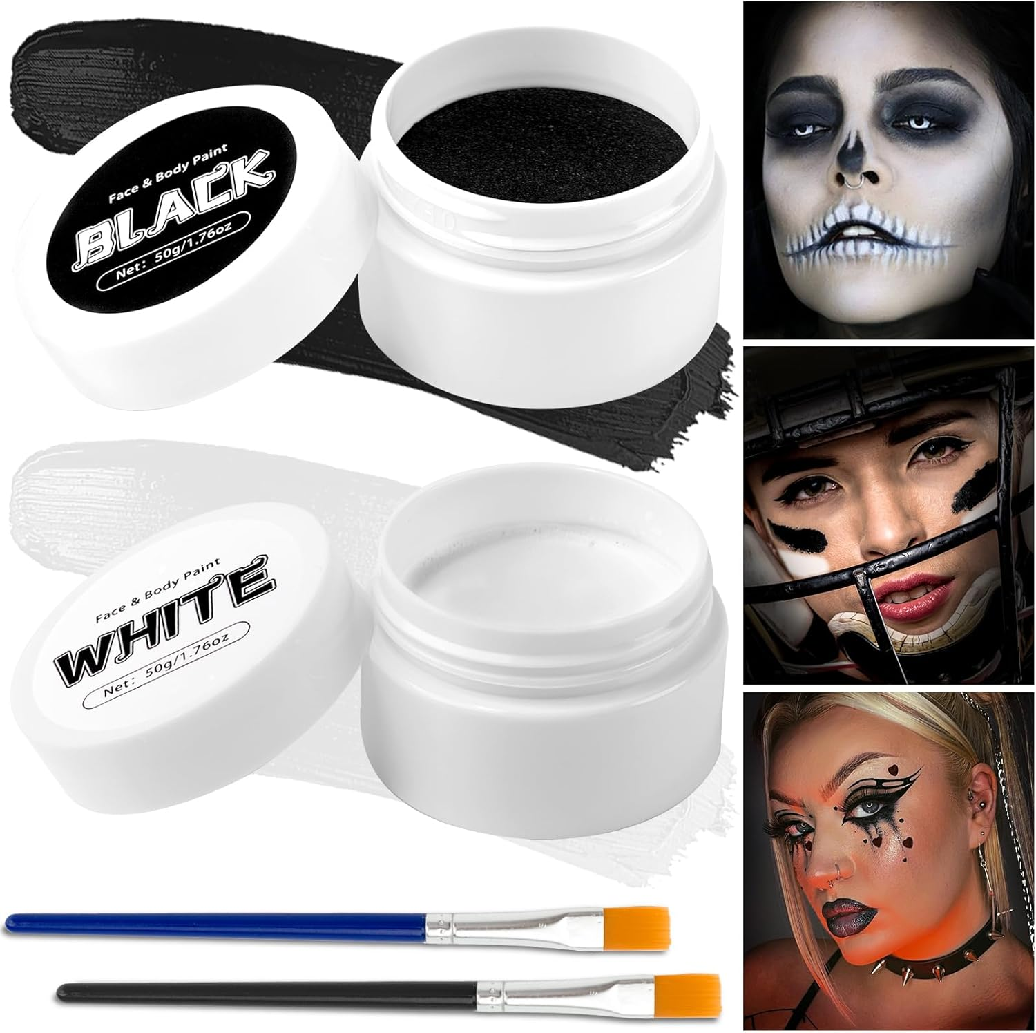 Tonjin Black + White + Red Face Body Paint Set,Non-Toxic Professional Paint Palette Kit with 3 Brushes for Kids & Adults Art Theater Halloween Party Cosplay Clown Corpse Paint SFX Makeup(150G)