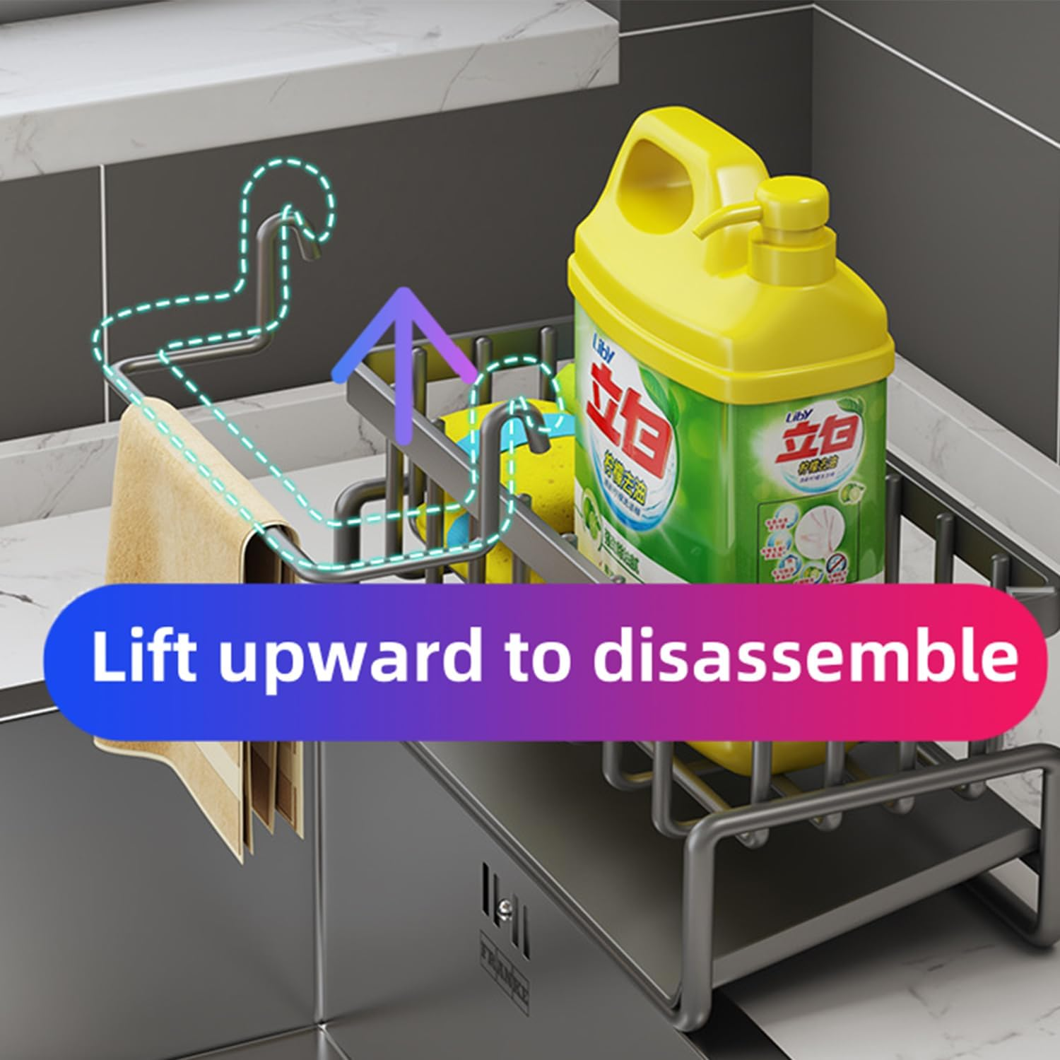 Kitchen Sink Caddy Organiser with Self Draining Tray, Sponge Holder for Kitchen Sink with Brush Holder, Dish Soap Dispenser Storage, Kitchen Sink Organise, Organiser for Counter (Black) - Gray image number 6