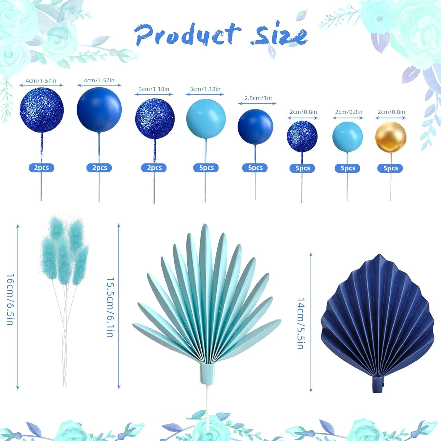 38 PCS Balls Cake Toppers Palm Leaves Cake Decorations for Birthday Wedding Baby Shower Party Supplies (Blue)