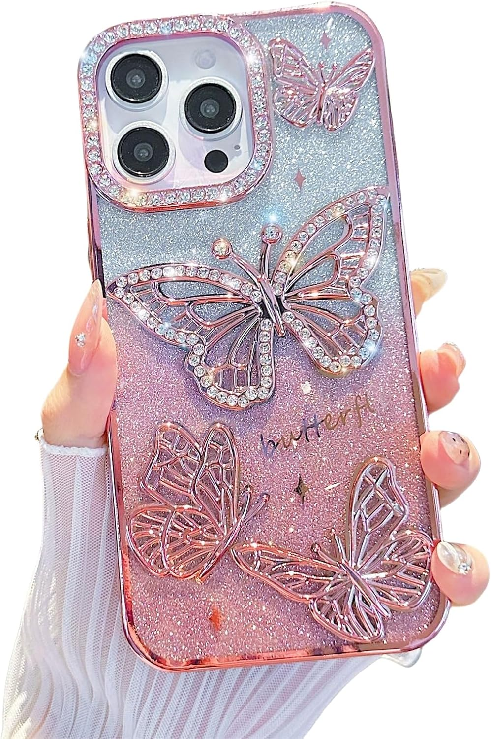 Emlivi Glitter Case for Iphone 16 Plus, 3D Butterfly Bling Diamond Mobile Phone Case Transparent TPU Bumper Cover, Colour Gradient Card, Camera Protection, Shockproof Protective Case for Iphone 16 image number 7