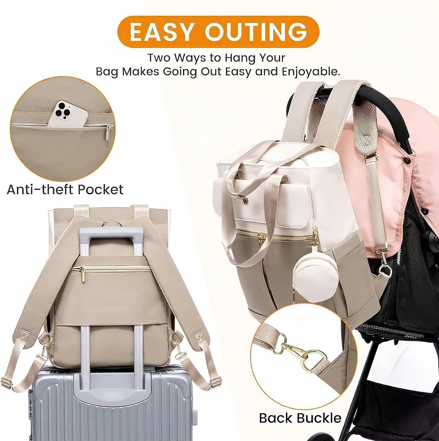 Baby Diaper Bag Backpack, Large Waterproof Travel Diaper Bag with Changing Pad, Insulated Bottle Pockets, Pacifier Case, Convertible Tote, for Unisex Baby (Coffee Beige)