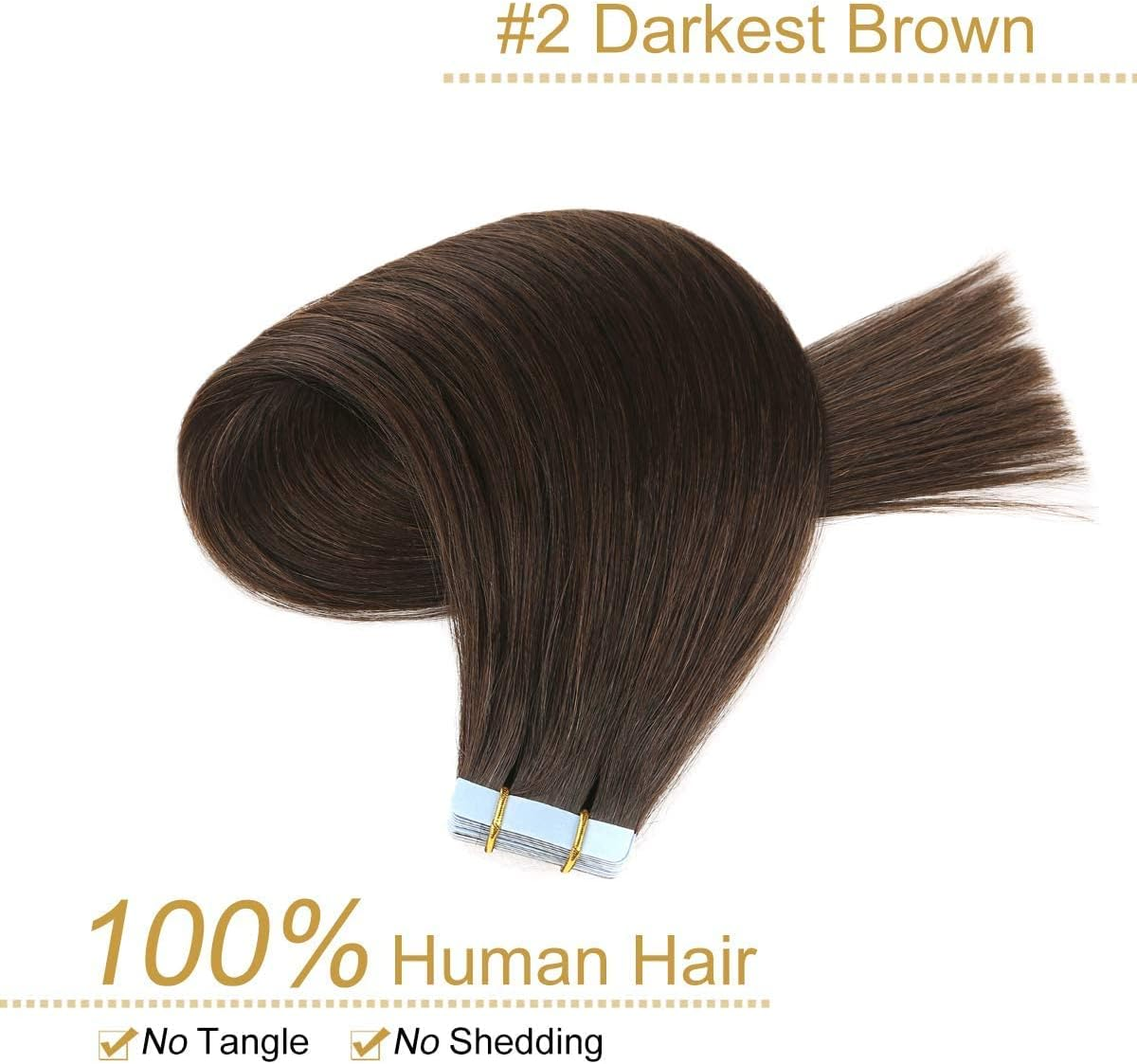 YILITE Tape-In Real Hair Extensions 45 Cm Darkest Brown Silky Straight Seamless Skin Weft Tape Hair Extensions 18 Inches 50 G 20 Pieces/Pack Tape in Hair Extensions (45 Cm #2 Darkest Brown) image number 4