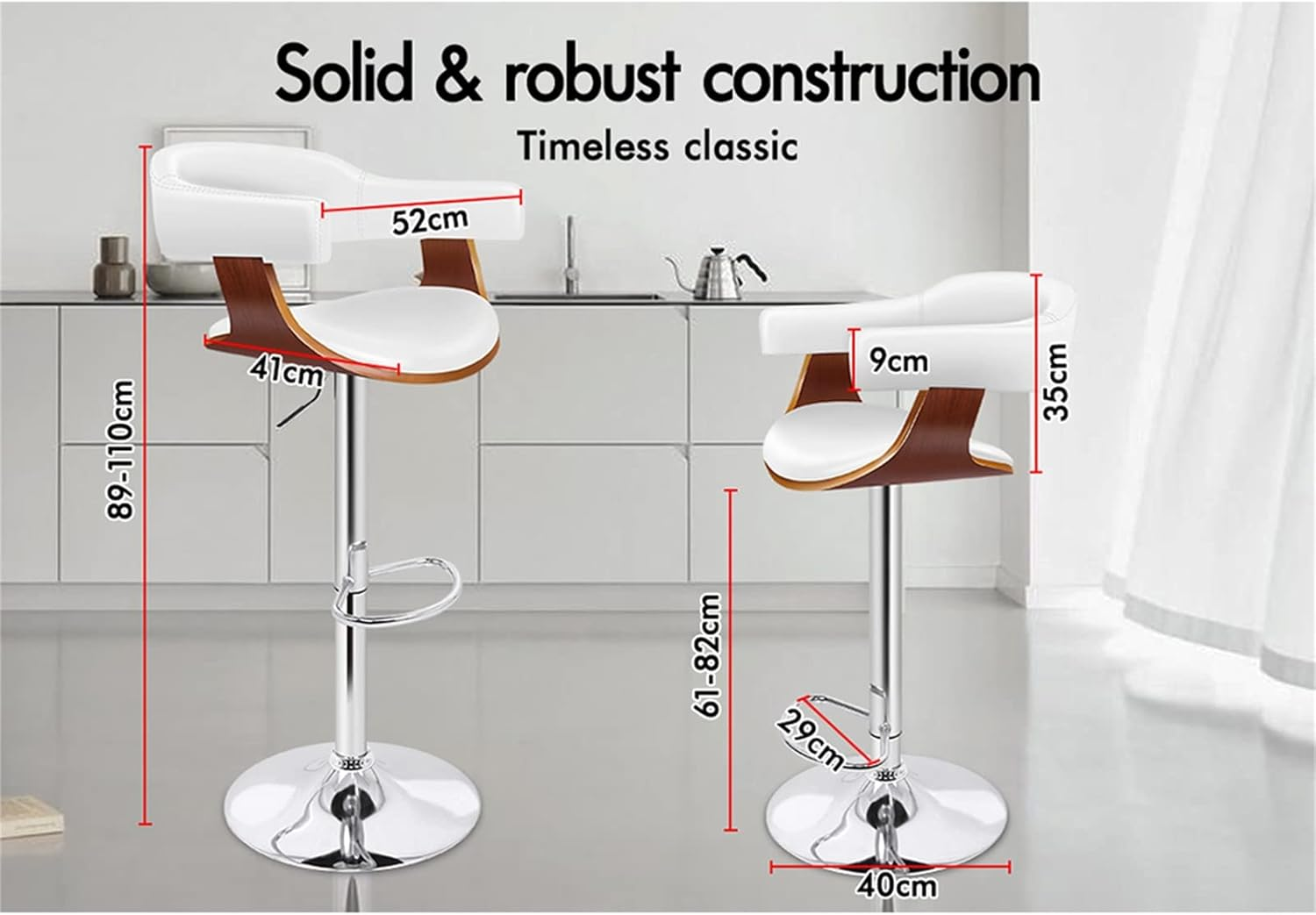 ALFORDSON Bar Stool Adjustable Kitchen Barstool Joan Swivel Counter Dining Chair in 61-82Cm Seat Height with Anti-Slip Floor Protector Barstool Furniture for Home Bar Countertop (White) image number 4