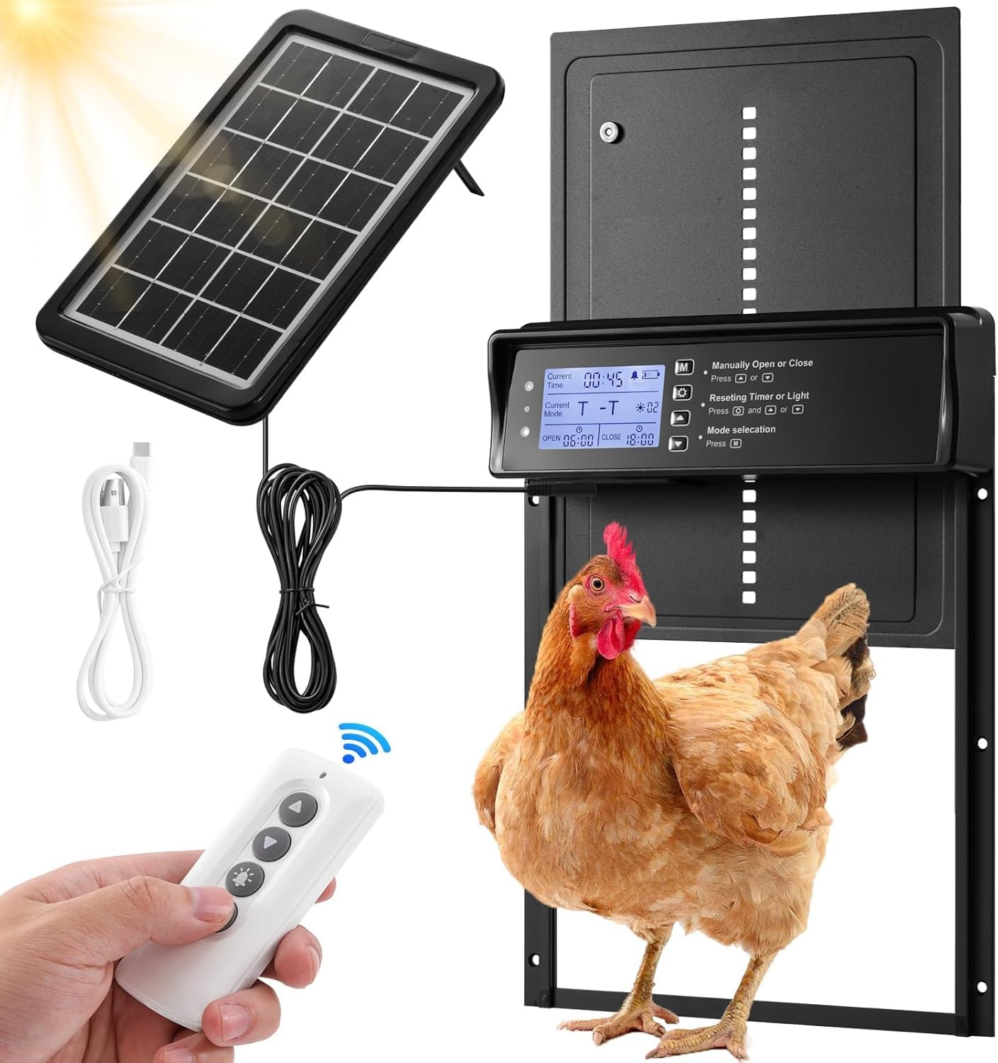 Automatic Chicken Coop Door Solar Powered, 4 Modes Auto Chicken Door Solar, Anti-Pinch & Weather Proof Coop Door with Remote Control, LCD Display Chicken Door with Timer, Light Sensor&Alert image number 2