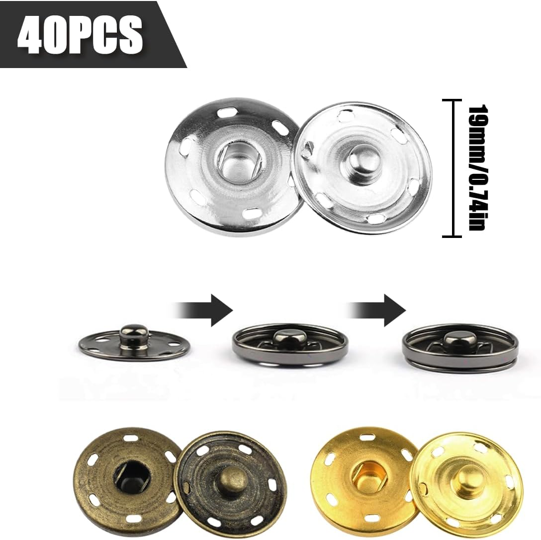 NILLOS Sew-On Snap Buttons, 40 Pairs Metal Snap Fastener Buttons for Clothing, Leather Bracelet, Jeans, Wearing, Jacket (19 Mm/0.74 In) image number 5