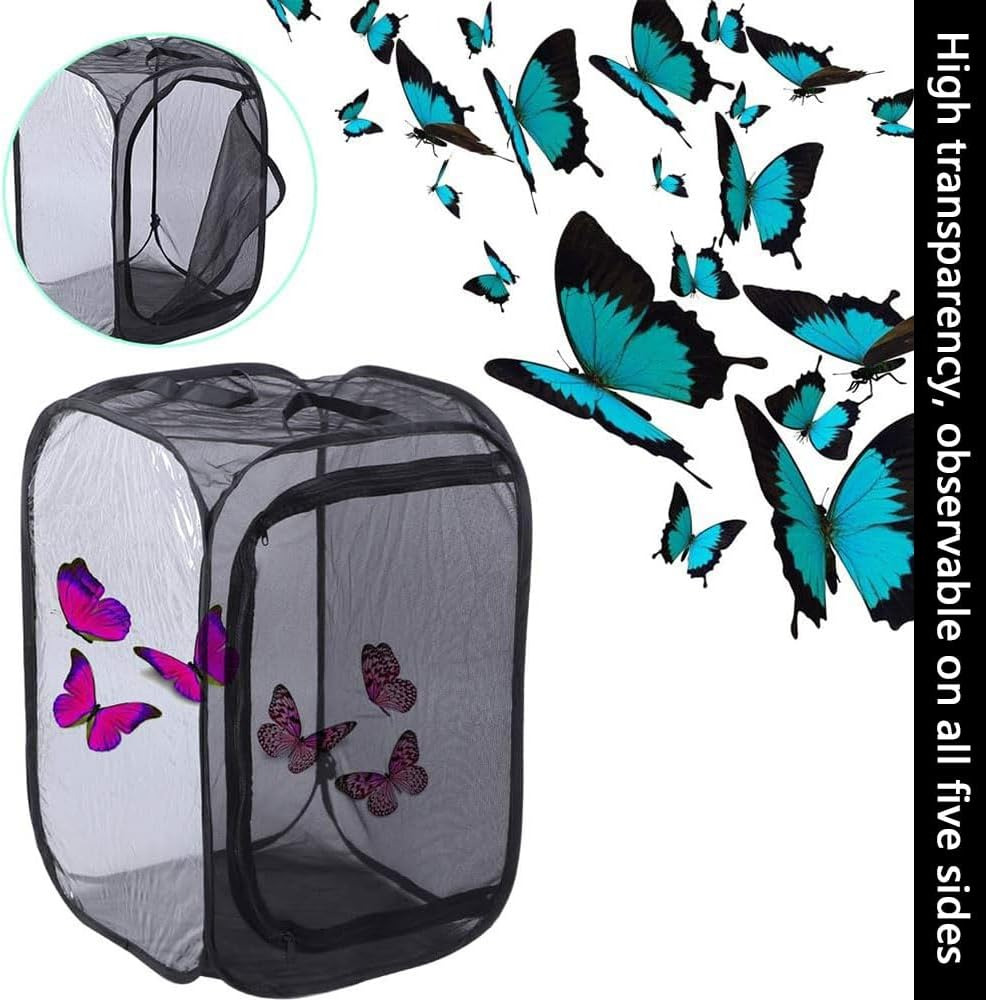Butterfly Habitat Cage, Portable Clear Mesh Butterfly Enclosure with Zipper, Pop-Up Insect Terrarium for Raising Caterpillars and Butterflies, Outdoor Collapsible Butterfly Net Cage