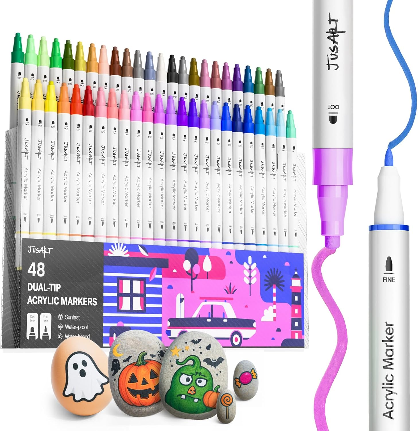 Jusart 48 Colors Dual Tip Acrylic Paint Markers, Acrylic Paint Pens with Dot and Fine Tip for Rock, Fabric, Wood, Glass, Ceramic, Canvas - Vibrant Art Supplies Beginners & Artists