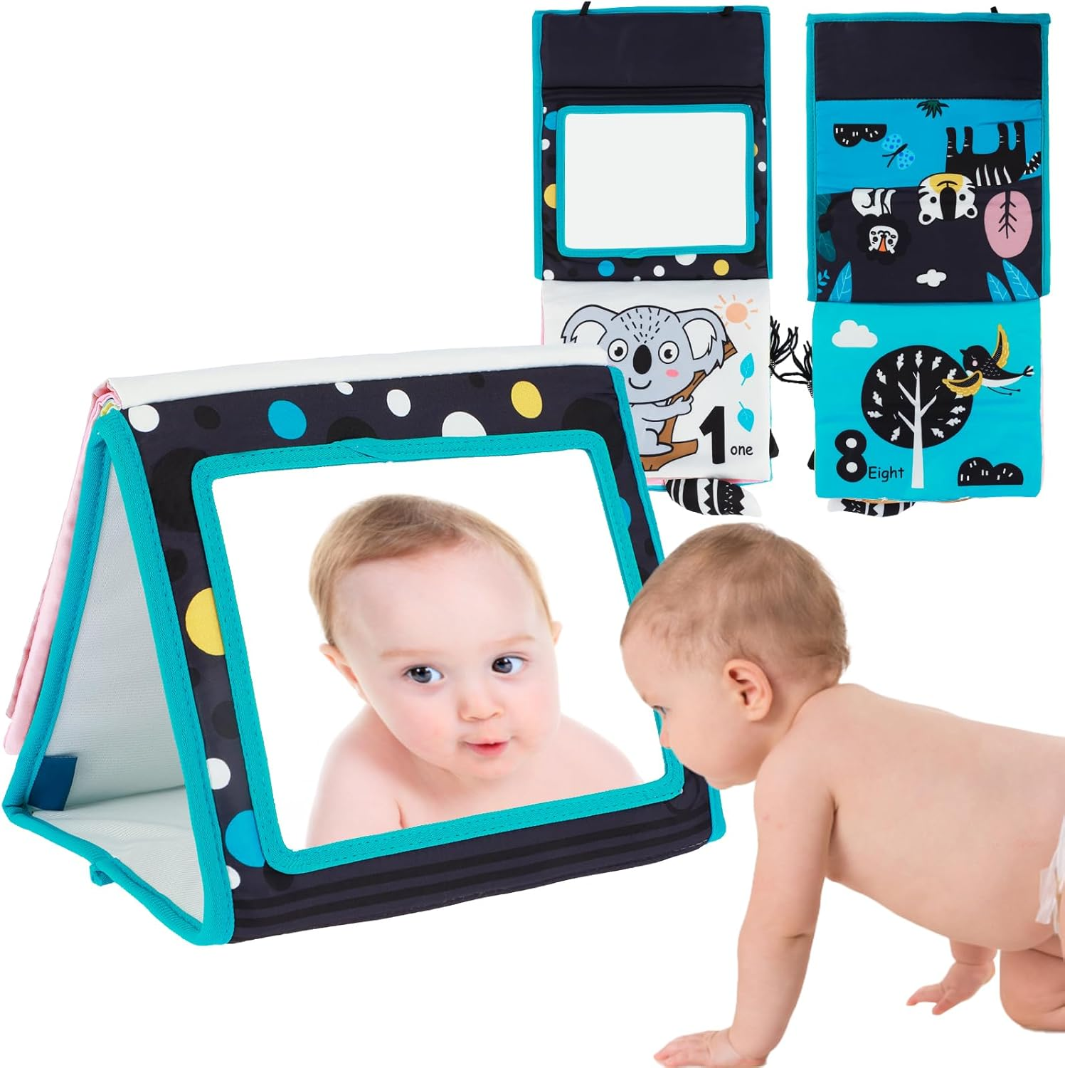 Tummy Time Mirror Toys for Babies, Foldable Baby Floor Mirror Cloth Books, Montessori Newborn Infant Toys - 8 Pages Cloth Books Early Learning Baby Mirror for 0-12 Months (B)