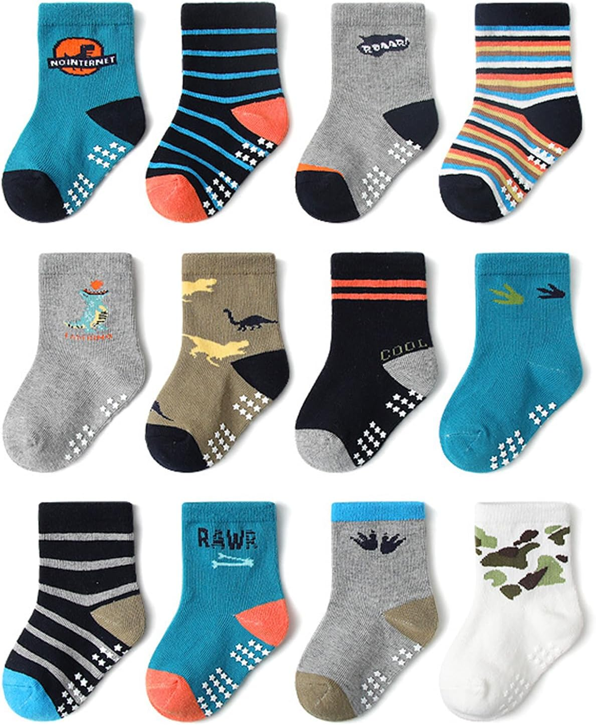12 Pack Baby Non Slip Socks, Toddlers Kids Soft Cotton Crew Socks with Grippers Non-Skid Ankle Socks for Boys Girls Infant