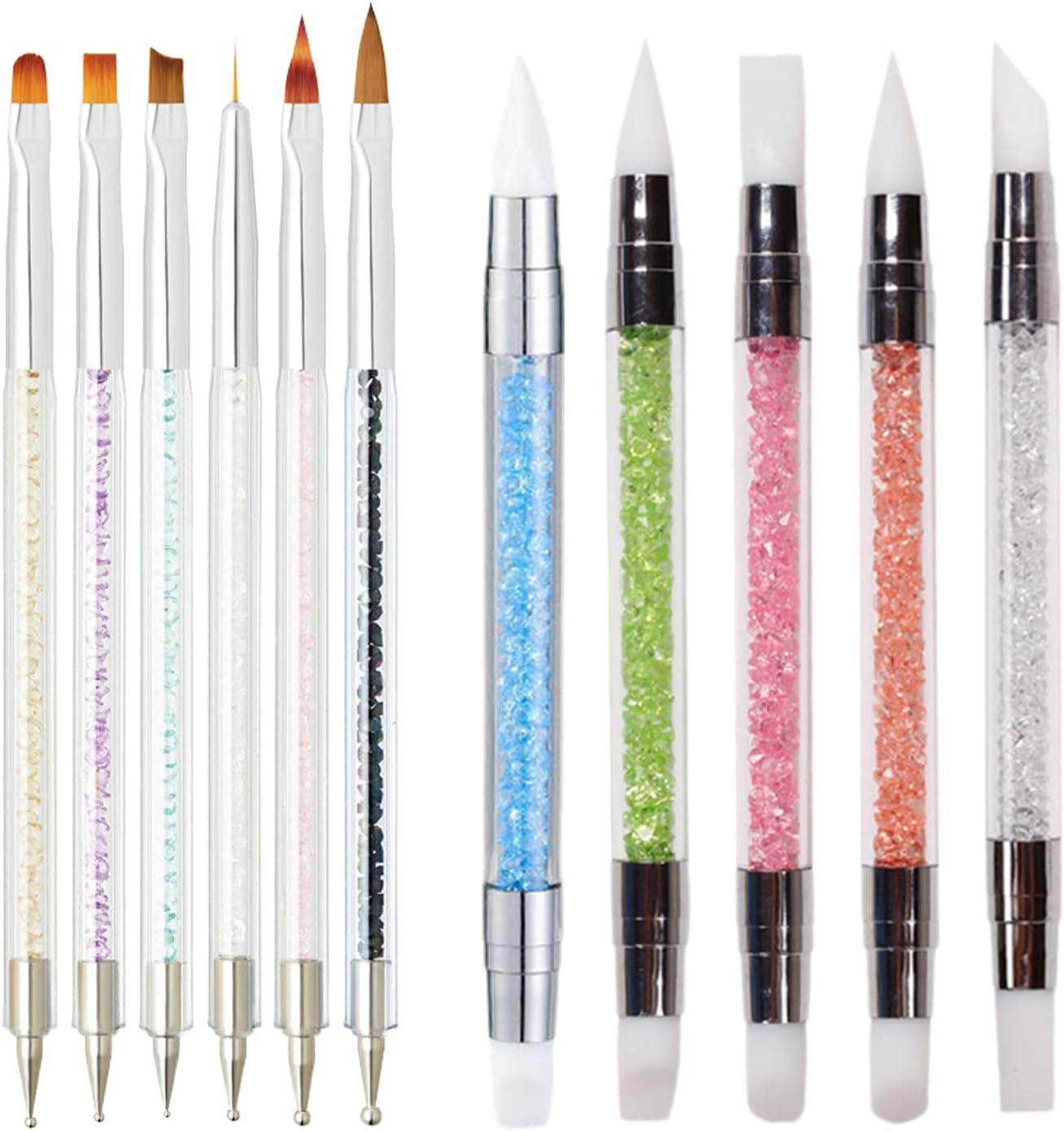 Whmeolyo 11Pcs Nail Art Brush Set, Dual Tipped Silicone Nail Tools, Nail Art Sculpture Pen, Crystal Handle Liner Brushes, Acrylic & Gel Nail Brush, Dotting Pens for Home and Professional Nail Salon