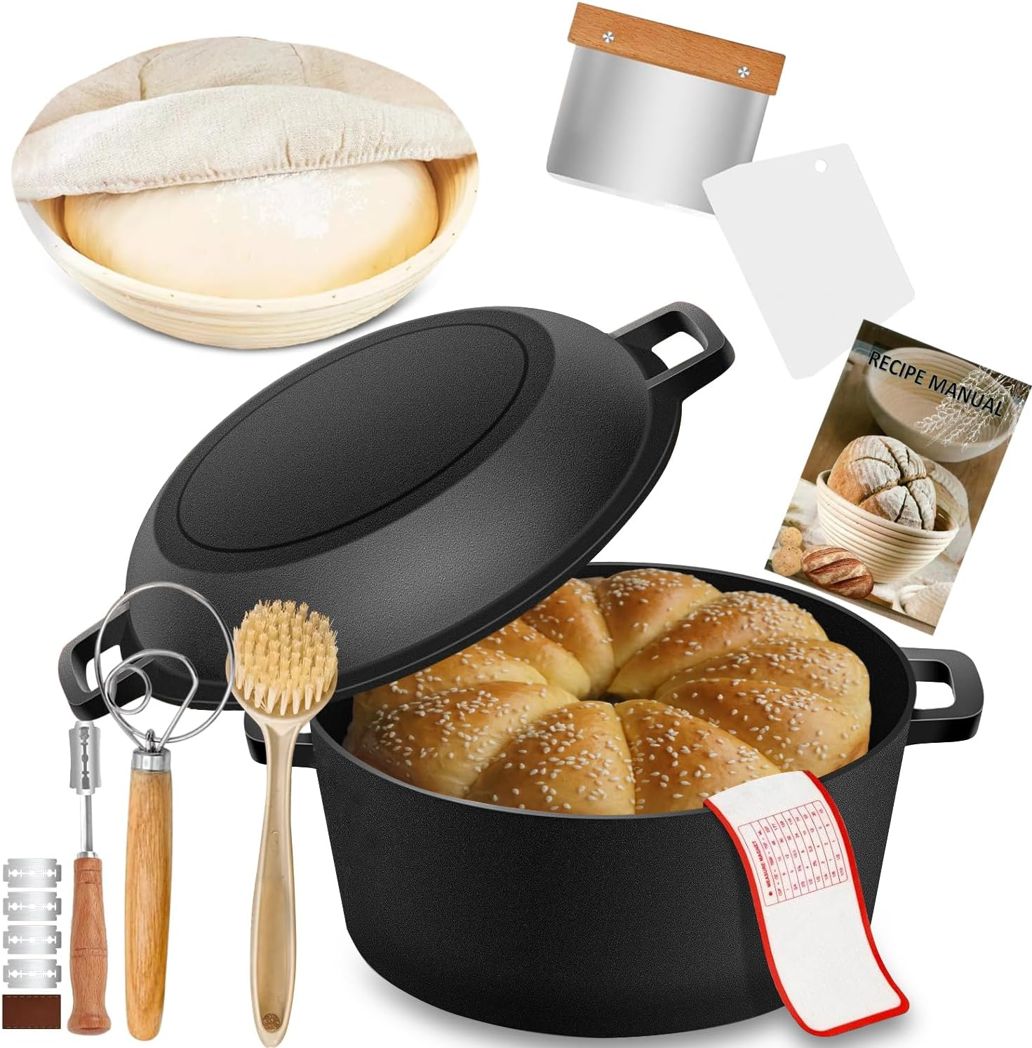 9SHOME Cast Iron Dutch Oven Pot for Bread Baking, Cast Iron Cookware with Dual Handles Skillet Lid, Includes Sourdough Supplies & Banneton Proofing Basket, Versatile Pan for Frying, Braising, BBQ, 5QT image number 4