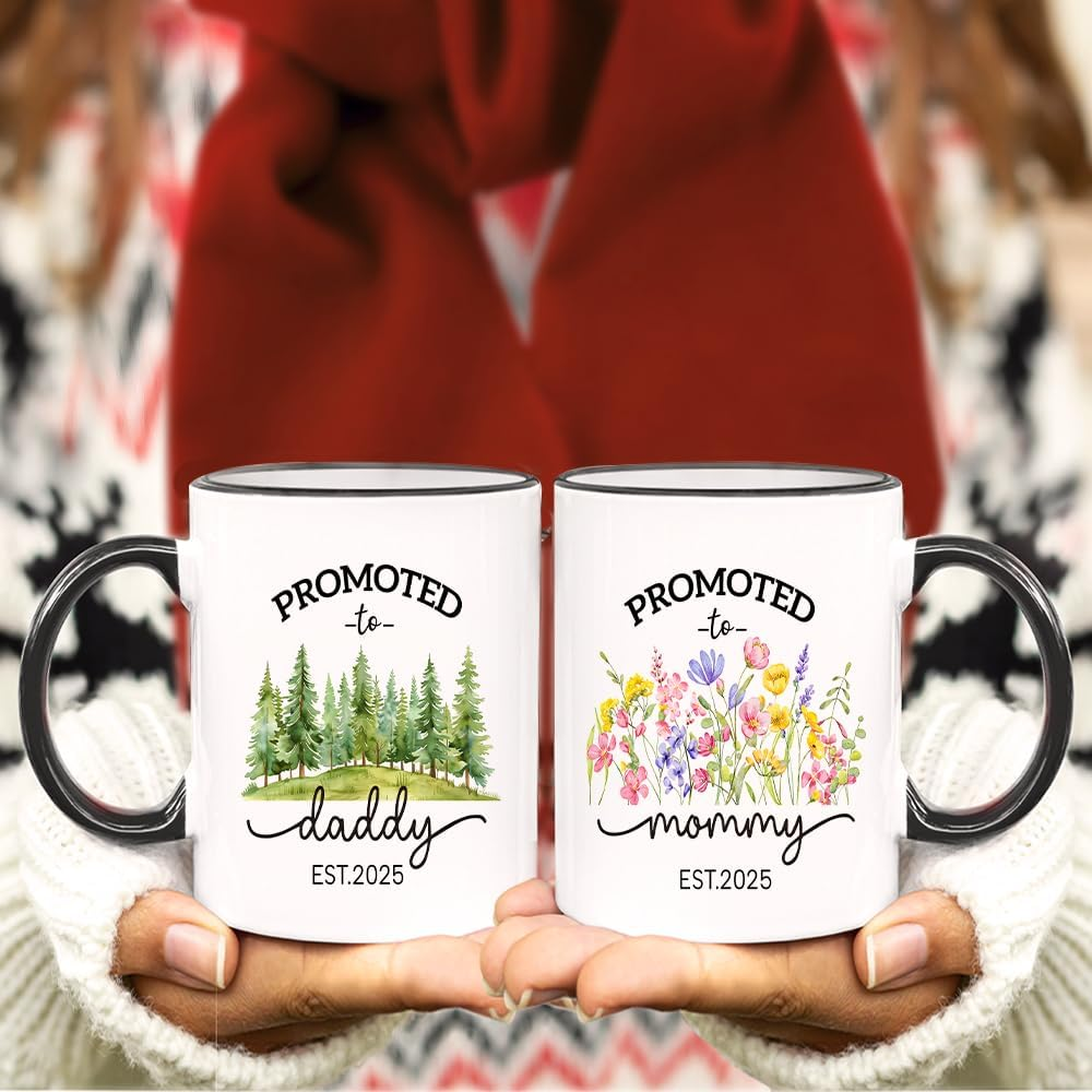 Promoted to Parents Mommy Daddy 2025 Mugs, New Parent Gifts for Couple,New Mom and Dad Gifts First Time 2025, Baby Announcement Coffee Mug Set, Mom and Dad Mugs image number 2