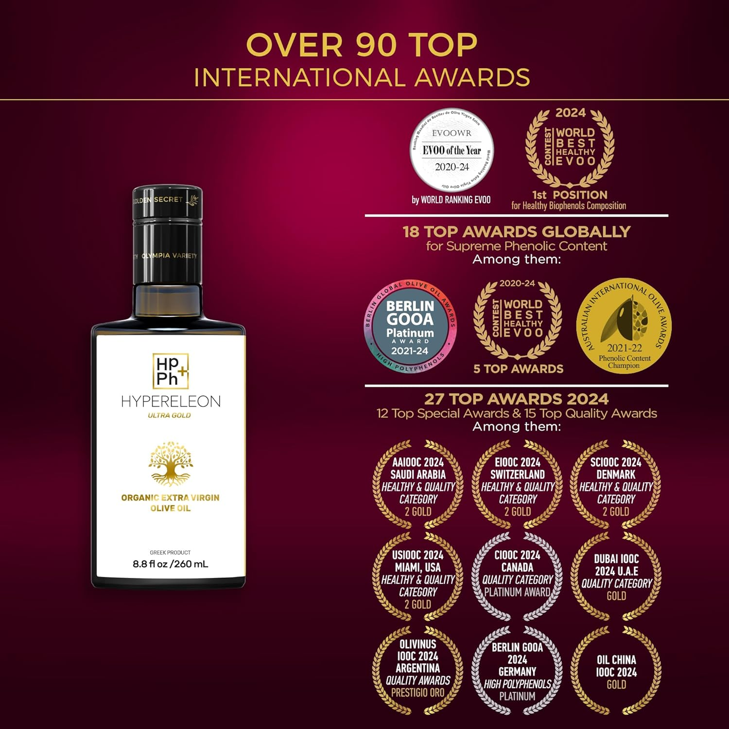 HYPERELEON Ultra Gold | Premium, Organic, Supremely Rich in Polyphenols, Greek Extra Virgin Olive 100% Pure & Natural | Bio & Unfiltered | 40 Top Global Health Awards | 260Ml (Pack of 1) image number 6
