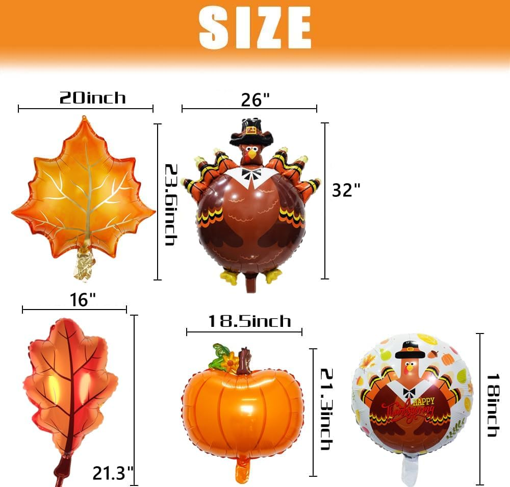 Happy Thanksgiving Mylar Balloons - Big Turkey, Maple Leaves, Pumpkin Balloons for Fall Decorations (Turkey Pack-12Pcs) image number 3