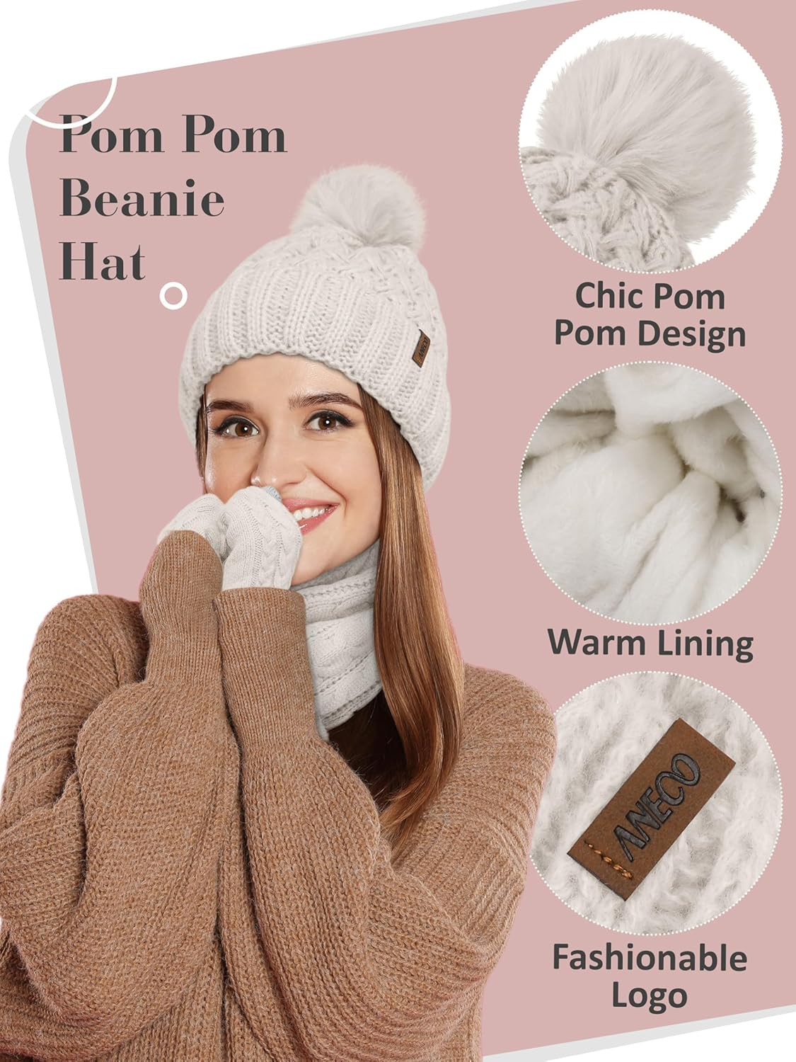 Aneco Women Winter Touchscreen Gloves Scarf Beanie Hat with Pom Pom Fleece Lined Set Thick Warm Knit Cap 3-In-1 Set image number 6